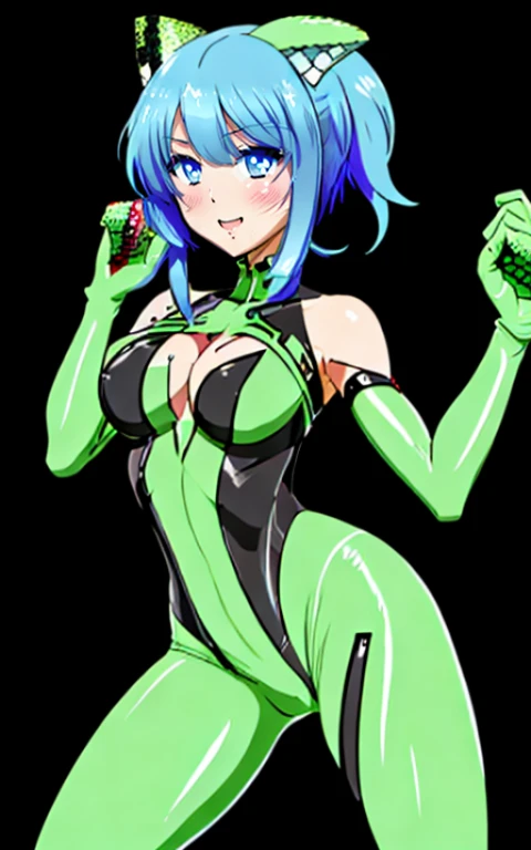 8K、fully body photo+Female snake with purple scaly skin like Spiderman、Scale、Tight Tight、Red Eyes、lizzo green hair、XL size bust、well-drawn hands、anime styled、unreal enginee 5、max resolution+qulity+sharpnes、Many details、Smile on the viewer's face、furry face fox