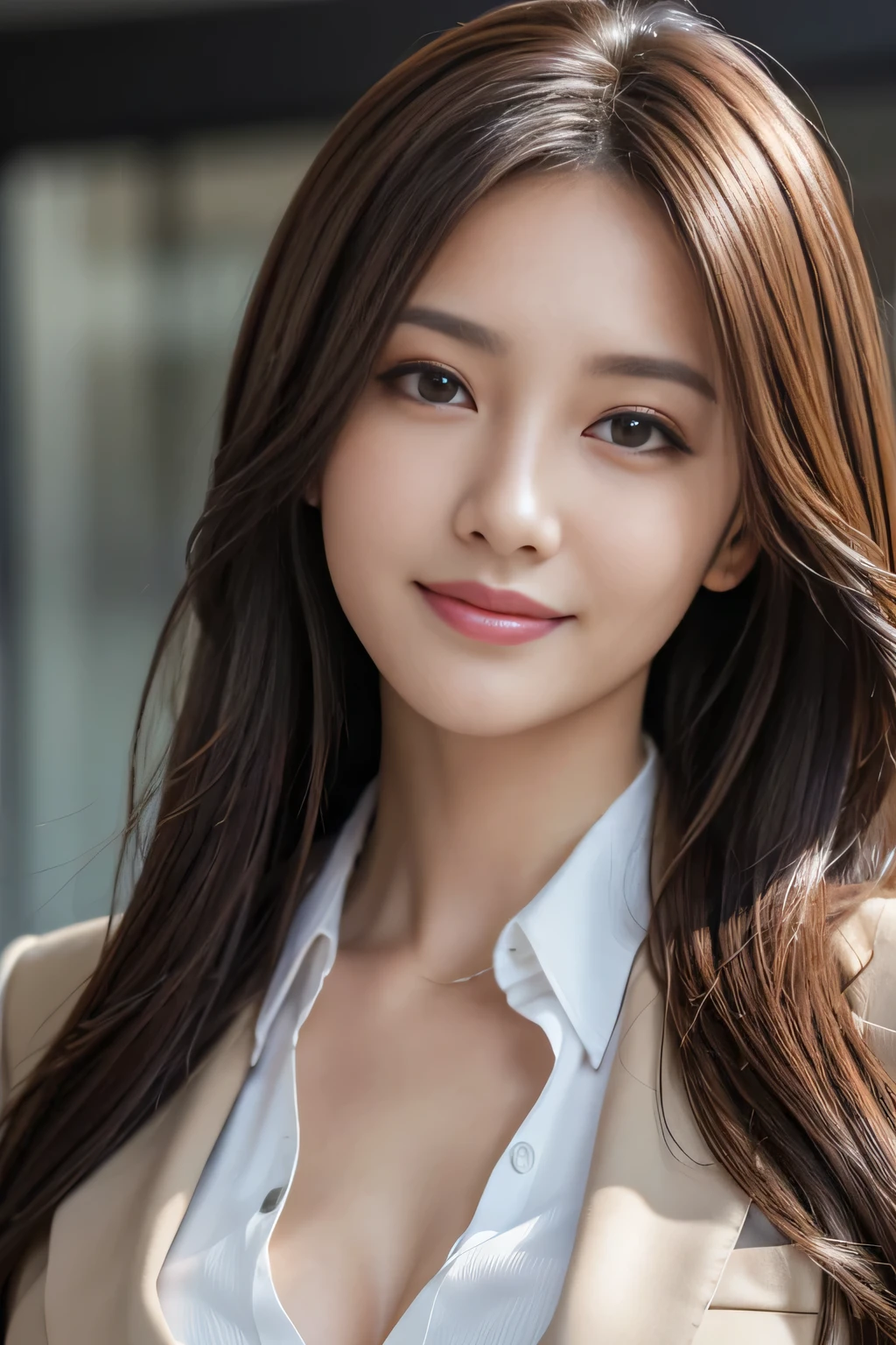 masutepiece, Best Quality, Photorealistic, Ultra-detailed, finely detail, High resolution, 8K Wallpaper, 1 beautiful woman,, light brown messy hair, in a business suit, foco nítido, Perfect dynamic composition, Beautiful detailed eyes, detailed hairs, Detailed realistic skin texture, Smiling, Close-up portrait, Model body type