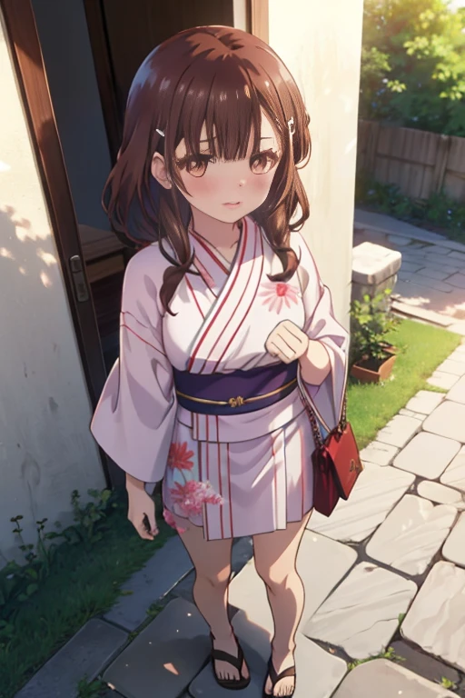 Best Quality, (masutepiece:1.2), Highly detailed, Standing,
1girl in, Solo, irido yume, Upper body,
Looking at the viewer, Closed mouth, nose blush, medium breasts, From above,
Brown eyes, dark brown hair, Long hair, hair clips, Red kimono,red furisode,a miniskirt,Sandals,sacrifice to,Frolicking