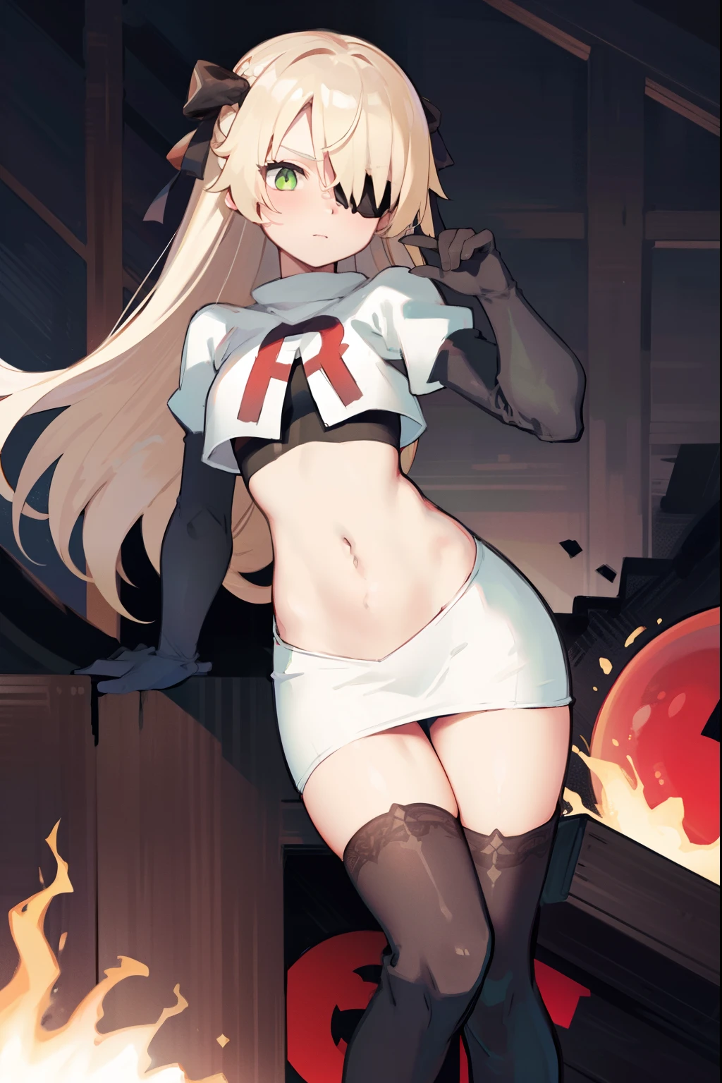 absurdres, fischl (dunkelnacht sakrament) (genshin impact), green eyes, (white pupils:1.2), fischl (genshin impact), medium_breasts, blonde hair, eyepatch, long hair, hair over one eye, bangs, hair ribbon, small breasts, 1girl, team rocket,team rocket uniform,white skirt,red letter R,crop top,black thigh-high boots,black elbow gloves,