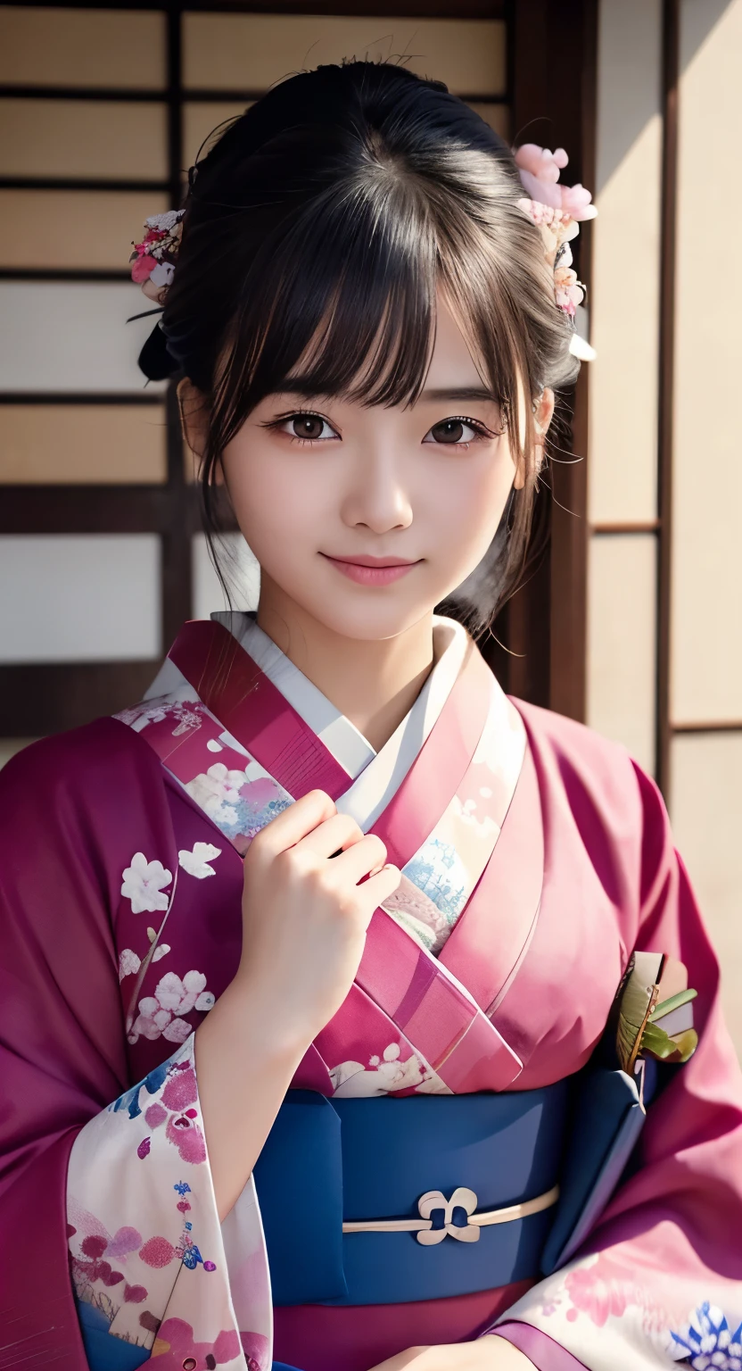 (top-quality、masterpiece:1.2)、Best Quality、realisitic、photoshot、hight resolution、1080p、At 8K、Textured skin、Physical Rendering、japanaese girl、High school students、kawaii、Farbe々Hairstyle、(kimono:1.5)、January、smil、Big