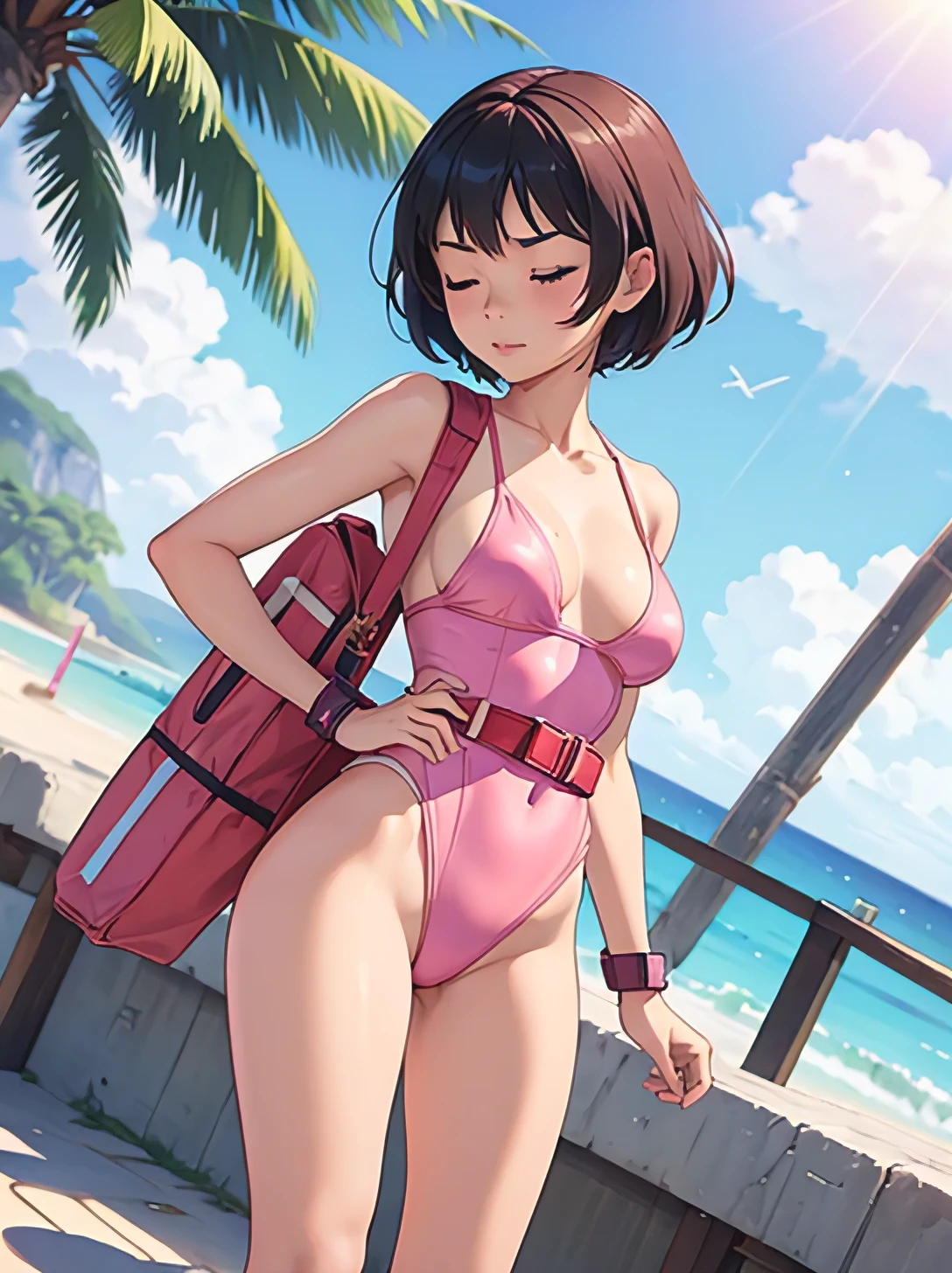 y nudian girl in pink string bikini of posing in Sunlight, 1girl in, bikini of, Solo, eyepatch bikini of, Closed eyes, Sunlight, Short hair, masutepiece, Best Quality, 1girl in, Solo, Single, Superhero, Leotard, Bare legs, long boots, Belt bag, Standing, Straight, Time Warp, spinning