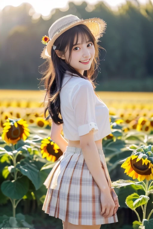 (Highly detailed CG Unity 16k wallpaper:1.1), (Denoising strength: 1.45), (T-Mastepiece:1.37), ((A girl in a straw hat looking back in a sunflower field ackligh),(White shirt,Red Check Ribbon,Red plaid mini skirt、Dark blue high socks,Absolute Area),(Best Illumination, Best Shadow, extremely delicate and beautiful), Girl on the central axis of the photo, Small breasts, ((Sunflowers with ultimate details)), Beautiful detailed sky, extremely delicate and beautiful女の子, Sunflower fields at Sunset, Sunset, beautiful detailed cloud, (((the Extremely Detailed CG Unity 8K Wallpapers))), Ultra-, god rays, spark of light, Glowing light, (((masterpiece))), (((Full body photo,Standing))), (One beautiful Japan girl, Innocence,kawaii) ,超A high resolution, Realistic, ultra-detailliert, 8K,top-quality, Extremely detailed, Detailed background,A slender,very beautiful japanese girl, Detailed face:1.3), (has hair tied up in a bun,A dark-haired :1.4), (a baby face,kawaii系,adorable 14 year old girl), (Perfect body:1.1), cute and innocent smile,Show your beautiful teeth,Looking back、sexy pose,rosy cheeks,Super Detailed Face、Detailed lips、A detailed eye、small gravure idol,Transparent skin、ta,japanese hight school uniform,Photorealistic:1.37,no-makeup,Neutral Lighting,