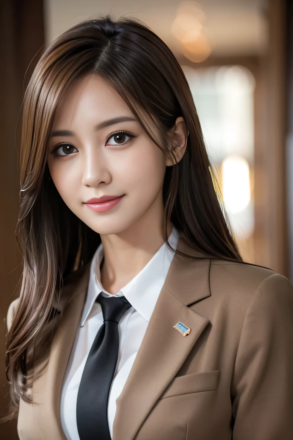 masutepiece, Best Quality, Photorealistic, Ultra-detailed, finely detail, High resolution, 8K Wallpaper, 1 beautiful woman,, light brown messy hair, in a business suit, foco nítido, Perfect dynamic composition, Beautiful detailed eyes, detailed hairs, Detailed realistic skin texture, Smiling, Close-up portrait, Model body type