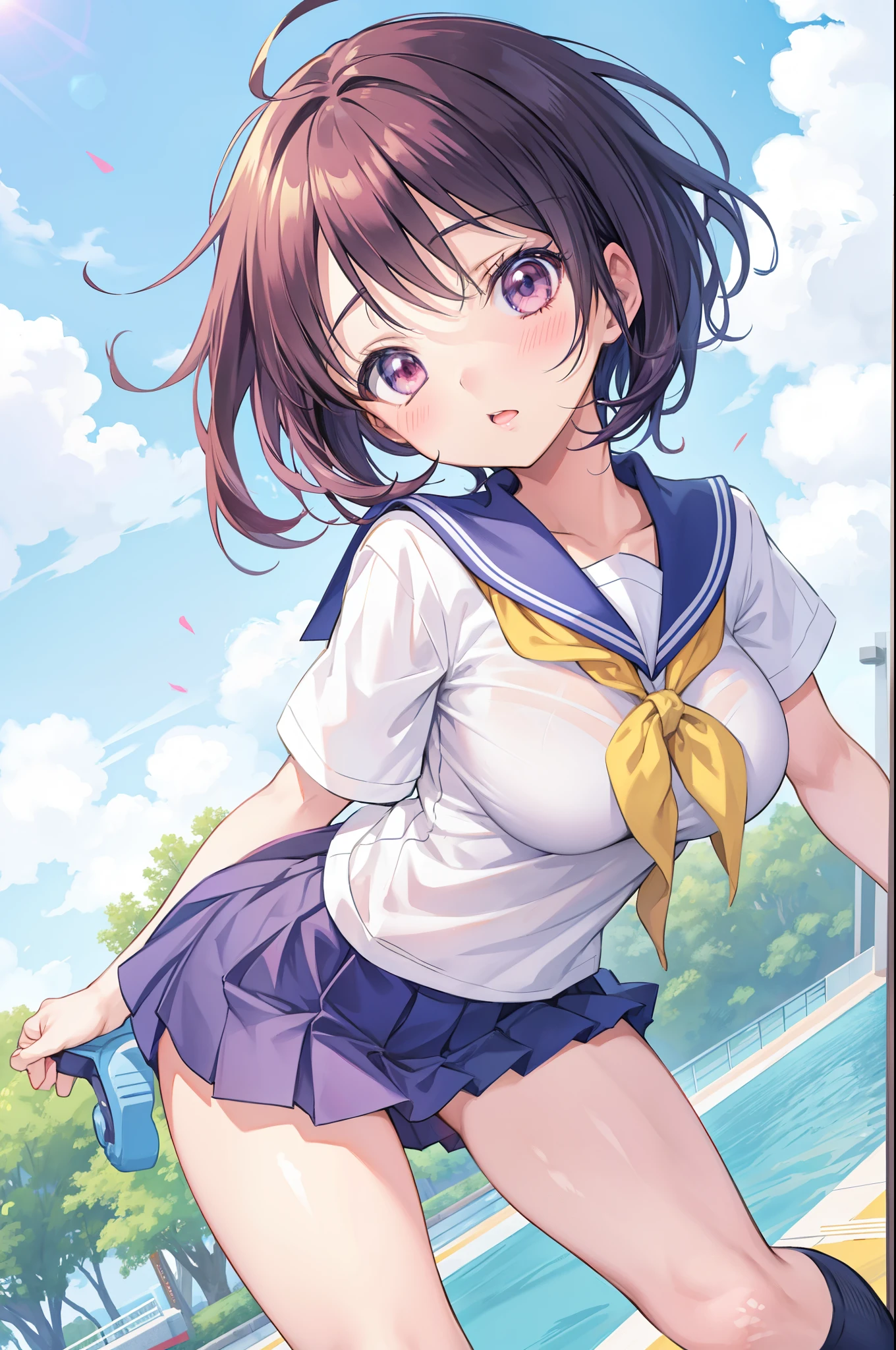 Anime girl in a school uniform standing on a skateboard, Anime visual of a cute girl, Anime moe artstyle, smooth Anime cg art, nagatoro, sayori, Ecchi, cute Anime girl, [ 4 k digital art ]!!, seductive Anime girl, Ecchi Anime style, Rin, Anime! 4 k, Anime! 4K, a hyperrealistic schoolgirl、NSFW、ultra gigantic tits、cum shots、