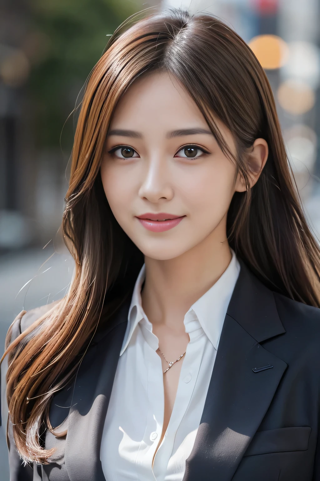 masutepiece, Best Quality, Photorealistic, Ultra-detailed, finely detail, High resolution, 8K Wallpaper, 1 beautiful woman,, light brown messy hair, in a business suit, foco nítido, Perfect dynamic composition, Beautiful detailed eyes, detailed hairs, Detailed realistic skin texture, Smiling, Close-up portrait, Model body type