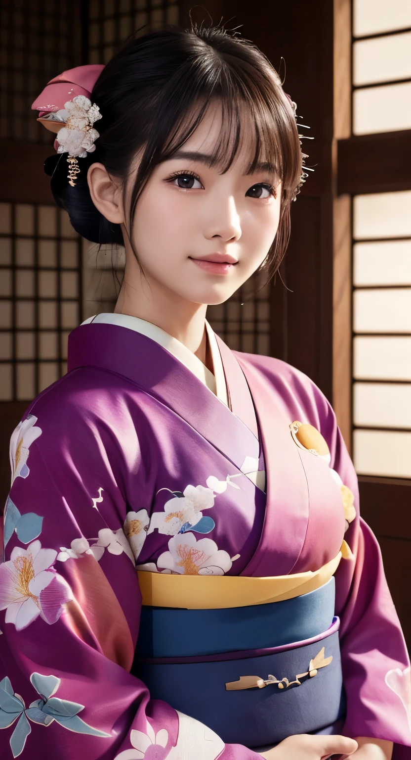 (top-quality、masterpiece:1.2)、Best Quality、realisitic、photoshot、hight resolution、1080p、At 8K、Textured skin、Physical Rendering、japanaese girl、High school students、kawaii、Farbe々Hairstyle、(kimono:1.5)、January、smil、Big