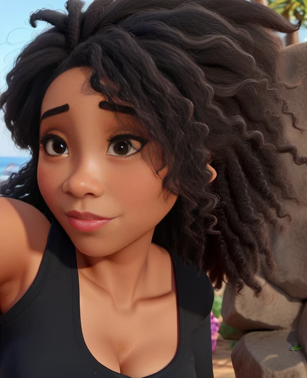 Mulher jovem, pele negra, cabelos crespos compridos, thick lips, olhos negros.