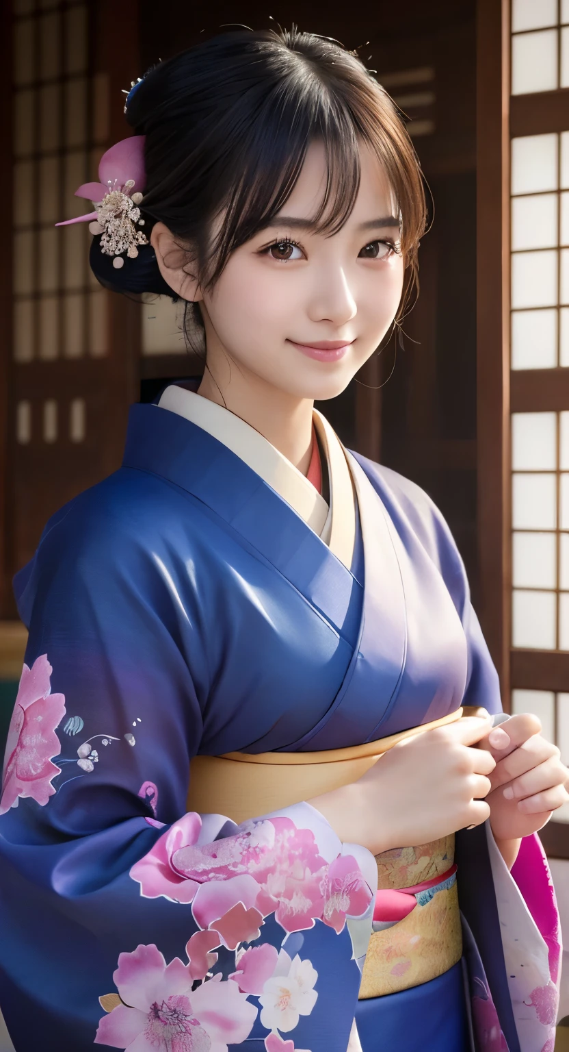 (top-quality、masterpiece:1.2)、Best Quality、realisitic、photoshot、hight resolution、1080p、At 8K、Textured skin、Physical Rendering、japanaese girl、High school students、kawaii、Farbe々Hairstyle、(kimono:1.5)、January、smil、Big