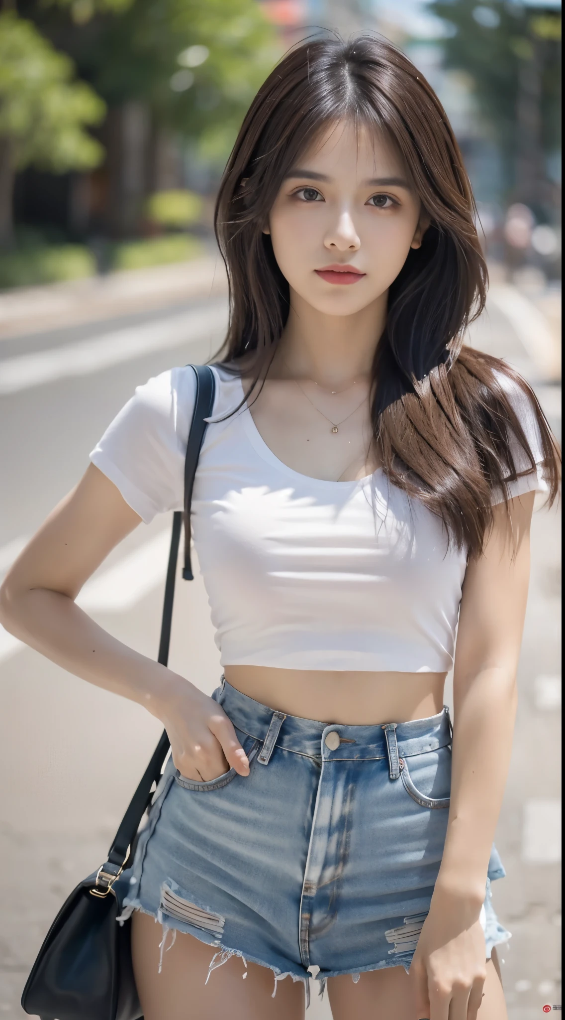 Obra maestra, La mejor calidad, ultra-high resolution, Foto de alto detalle, Unidad 8K Fondo de pantalla, CG extremadamente detallado:1.2),(Foto RAW:1.realistic photography:1.4), 1girll , joven, physically based representation, beautiful, (Cara finamente detallada:1.4, Ropa detallada), (Detallado:1.4) Cara hermosa, Profundidad de campo, Agregar capa, hiperrealista, 27 years old, Modelo de cuerpo perfecto, senos perfectos, 175cm de altura, pose sexy, cuerpo completo, Tipo de cuerpo del modelo, short t-shirt, aesthetic high waist hot mini skirt, Cabello largo, (Eimi Fukada), doble parpado, depth of field, bokeh, white background,
