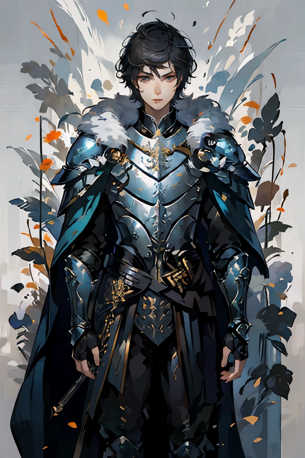 1 boy, black hair, short hair, brown eyes, friendly face, detailed face, detailed eyes, masterpiece, detailed background, shining armor, paladin armor, sword in hand