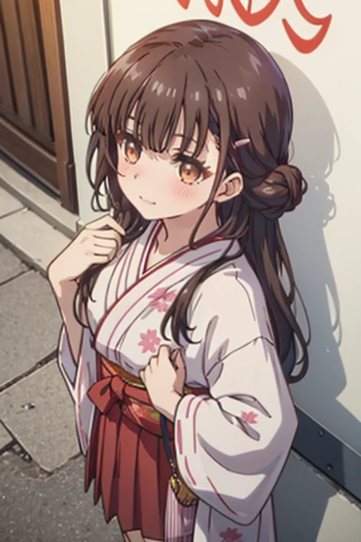 Best Quality, (masutepiece:1.2), Highly detailed, 
1girl in, Solo, irido yume, Upper body,
Looking at the viewer, Closed mouth, nose blush, medium breasts, From  above,
Brown eyes, dark brown hair, Long hair, hair clips, Tying up your back hair，Floral hair ornament，Red kimono，red furisode，a miniskirt，Sandals，sacrifice to，Frolicking，A delightful，a smile