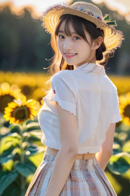 8K、top-quality、masterpiece、realisitic、The ultra-detailliert、Photo Real、hyper realstic、Smooth lighting、Improved lighting quality in movies、Realistic lighting、Back lighting、brightened light、enhanced quality、Sunflower fields of the highest quality、blue open sky、White Entrance Cloud、full bodyesbian、
write、Thin、cute face、A smile、beautiful finely detailed eyes、eyebrows are thin、Thin eyebrows、30 years old Japan、White blouses、Long skirt in white、A sexy、zoomed in