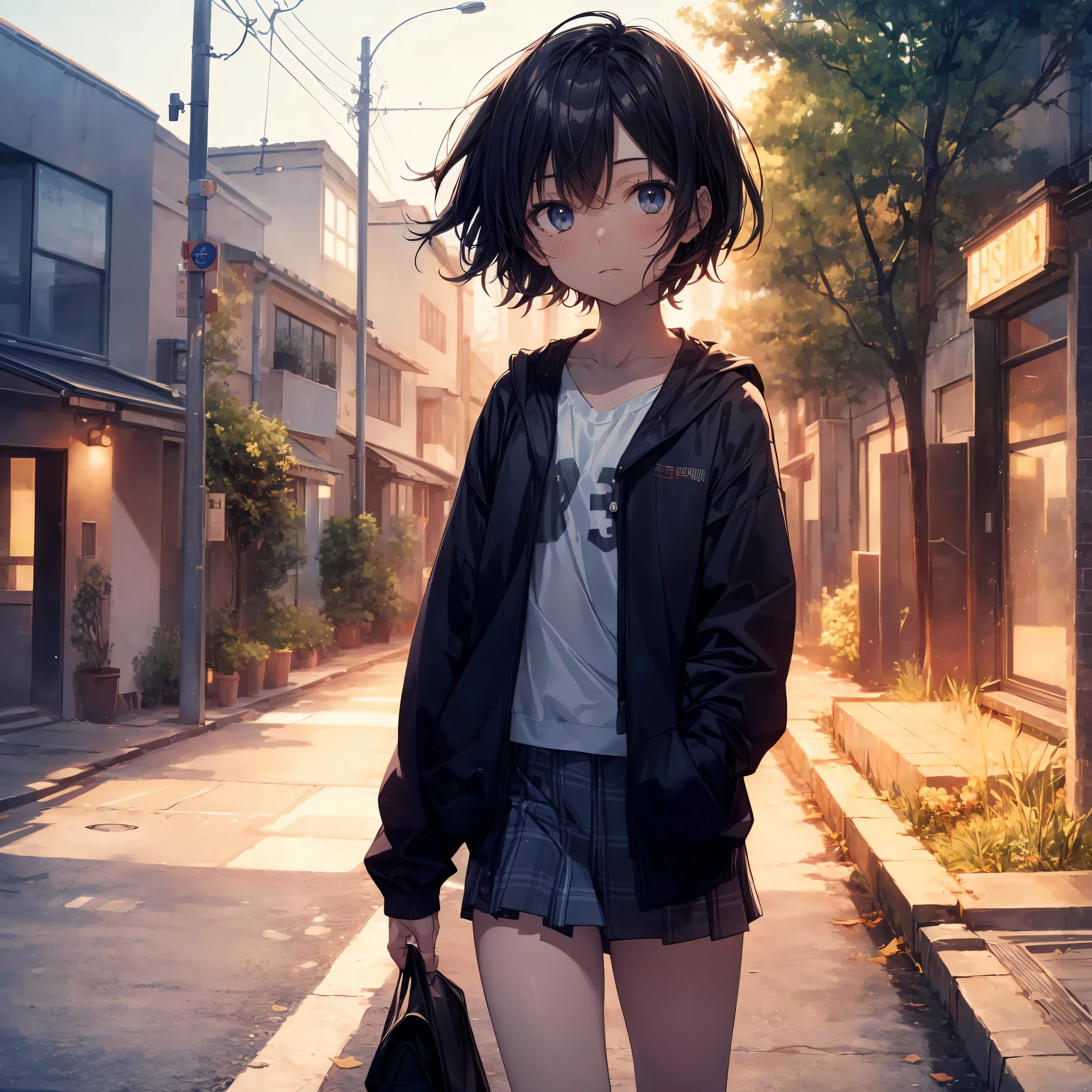 Super high quality by the art god, Ultra-detailed, High resolution, Shinkai Makoto style, anime moe art style, best anime 8K konachan wallpaper, Pixiv Contest Winner, Perfect Anatomy, BREAK,(Please draw a sleepy girl going to school alone.. ),BREAK, a hyperrealistic schoolgirl, (Solo,Lori,child,13years:1.3),Full limbs, complete fingers,a junior high school student, Androgynous attraction, (extra very short hair), hair messy, flat and soft chest, Small butt, groin, Small eyes,Beautiful detailed black eyes, Well-proportioned iris and pupils, disgusted eye, High resolution detailed hair, School uniform, Skirt,  On the way to school. BREAK,Ultra-detailed細なスキン, Best lighting by famous artists, 8K, Illustration,