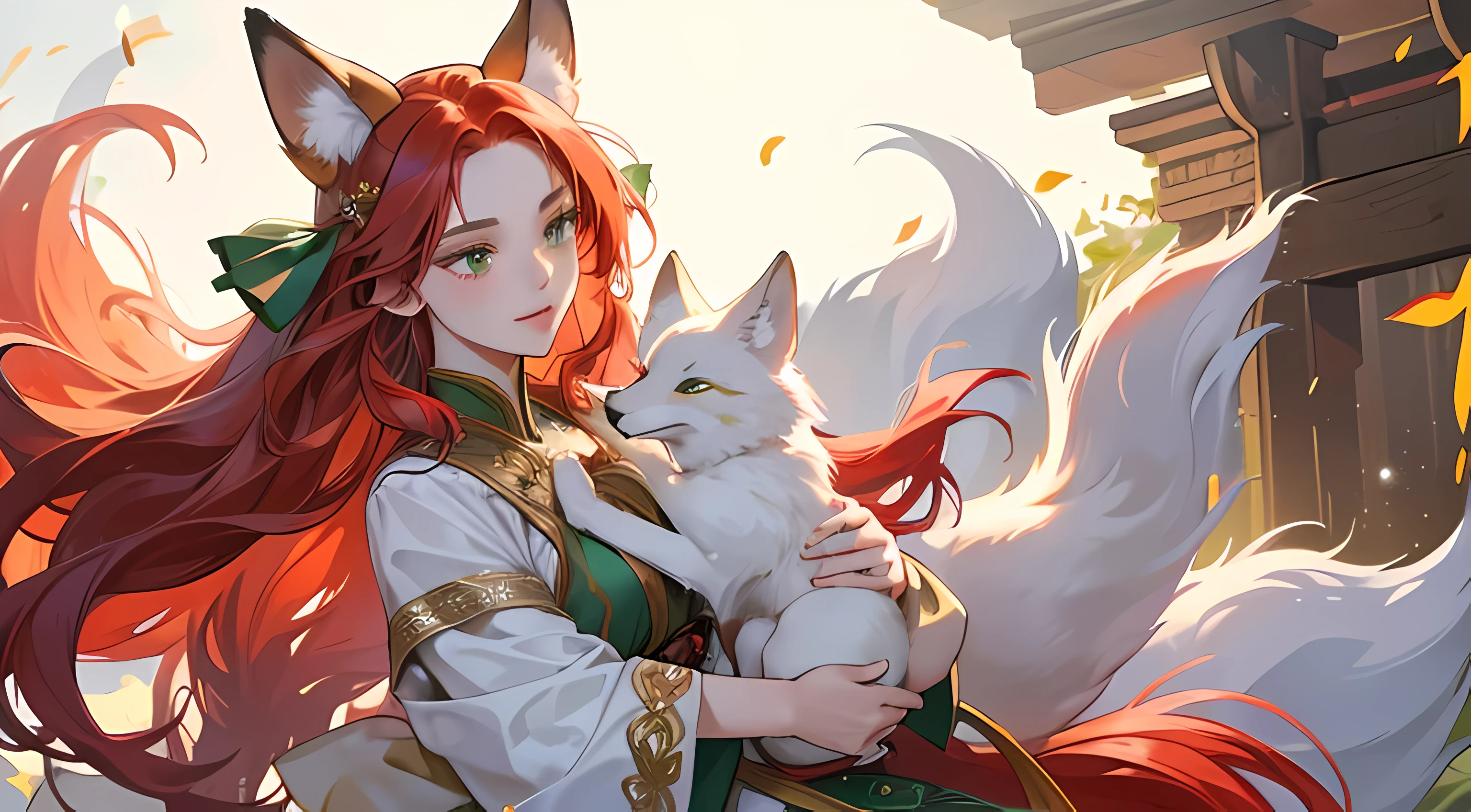 ((Best Quality)), ((Masterpiece)), (detailed), 1 girl, red-haired god, fox ears, nine fox tails, green eyes color, flowing ancient costumes, tassels, step rocking, wide-sleeved fairy skirt, intricate details, girl holding a nine-tailed white fox in her arms