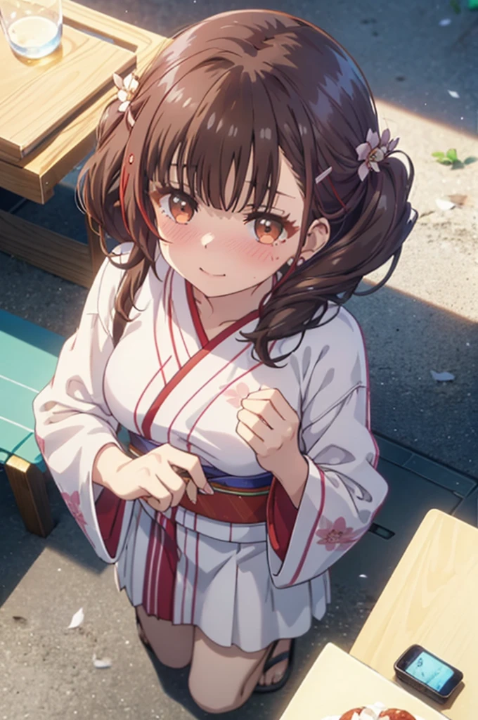 Best Quality, (masutepiece:1.2), Highly detailed,
1girl in, Solo, irido yume, Upper body,
Looking at the viewer, Closed mouth, nose blush, medium breasts, From above,
Brown eyes, dark brown hair, Long hair, hair clips, Tying up your back hair,Floral hair ornament,Red kimono,red furisode,a miniskirt,Sandals,sacrifice to,Frolicking,A delightful,a smile
