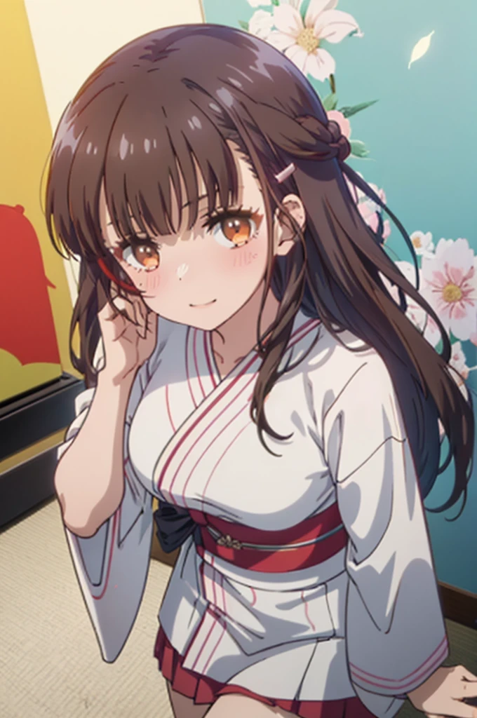 Best Quality, (masutepiece:1.2), Highly detailed, 
1girl in, Solo, irido yume, Upper body,
Looking at the viewer, Closed mouth, nose blush, medium breasts, From  above,
Brown eyes, dark brown hair, Long hair, hair clips, Tying up your back hair，Floral hair ornament，Red kimono，red furisode，a miniskirt，Sandals，sacrifice to，Frolicking，A delightful，a smile