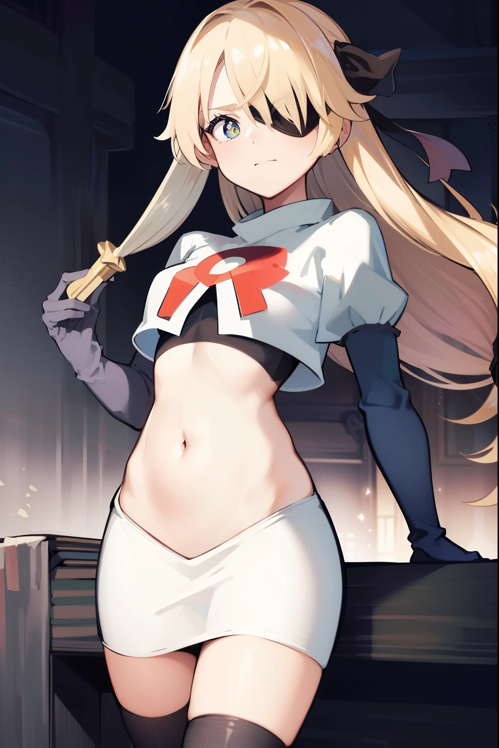 absurdres, fischl (dunkelnacht sakrament) (genshin impact), green eyes, (white pupils:1.2), fischl (genshin impact), medium_breasts, blonde hair, eyepatch, long hair, hair over one eye, bangs, hair ribbon, small breasts, 1girl, team rocket,team rocket uniform,white skirt,red letter R,crop top,black thigh-high boots,black elbow gloves,