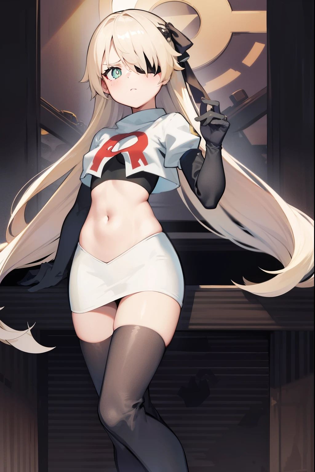 absurdres, fischl (dunkelnacht sakrament) (genshin impact), green eyes, (white pupils:1.2), fischl (genshin impact), medium_breasts, blonde hair, eyepatch, long hair, hair over one eye, bangs, hair ribbon, small breasts, 1girl, team rocket,team rocket uniform,white skirt,red letter R,crop top,black thigh-high boots,black elbow gloves,