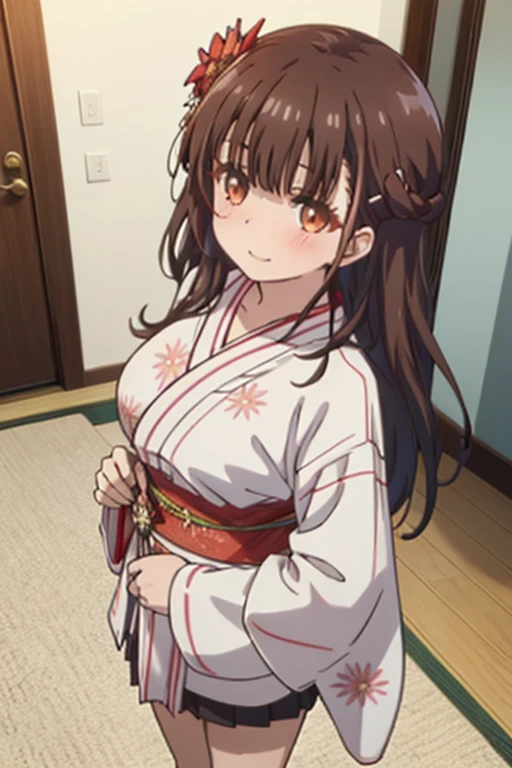 Best Quality, (masutepiece:1.2), Highly detailed, 
1girl in, Solo, irido yume, Upper body,
Looking at the viewer, Closed mouth, nose blush, medium breasts, From  above,
Brown eyes, dark brown hair, Long hair, hair clips, Tying up your back hair，Floral hair ornament，Red kimono，red furisode，a miniskirt，Sandals，sacrifice to，Frolicking，A delightful，a smile