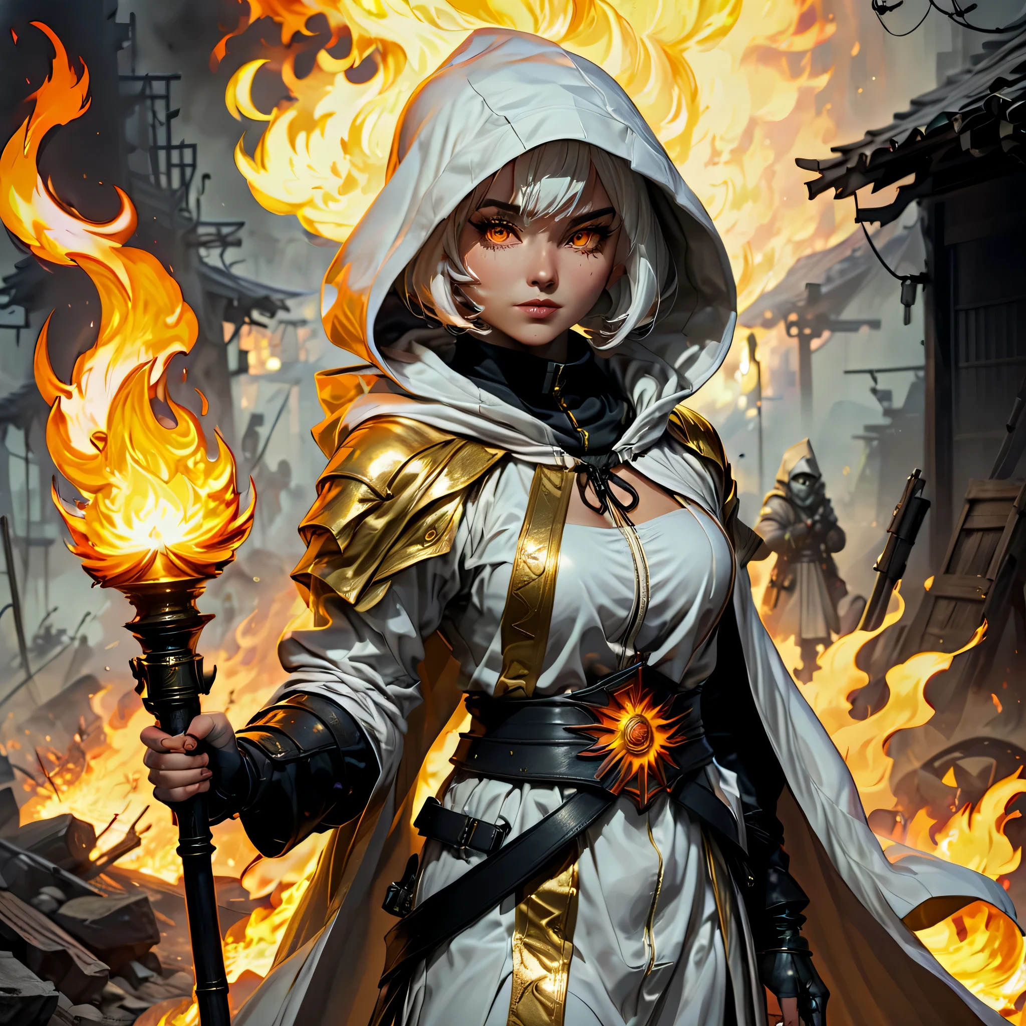 An ((Full-Shot)), Masterpiece of a (psyker italian woman) from Warhammer 40,000, white short hair, fair skin, She wears a hood and the distinctive white and gold psyker robes, In her (right hand, she holds a flame), set against the background of a battlefield reduced to ashes after being burned. (Anime-style), Best quality, ultra-detailed, 8k.