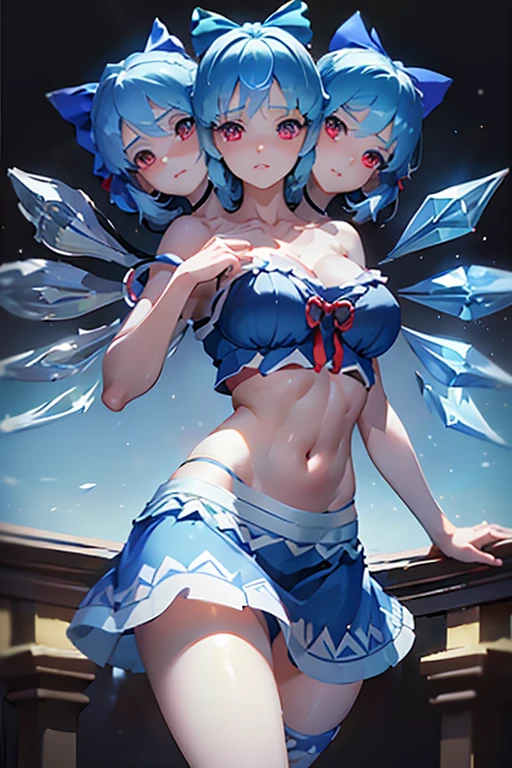 (masterpiece, best quality),best quality, (ultra-detailed), (4heads:1.4), 1girl, (cirno:1.3), masterpiece, best quality, light blue top, crop top, ((stomach)), midriff, ((groin)), light blue skirt, normal ears, shackles, black hair, very long hair, wavy hair, sidelocks, red eyes, parted lips, single horn, sweat, cute, toned belly, hand on own chest, eyelashes, (22 year old woman:1.3), (masterpiece:1.4), (best quality:1.4), (beautiful detailed extremely detailed CG, extremely delicate and beautiful, depth of field, (finely detailed face), (perfect details:1.1), (mature female:1.3), wide pelvis, slender, large veiny breast, 8k resolution, high quality, high definition, extremely detailed, masterpiece, best quality, black hair, long hair, alluring presence, braid, short skirt, close up, big tits, young, wings, blue bow,