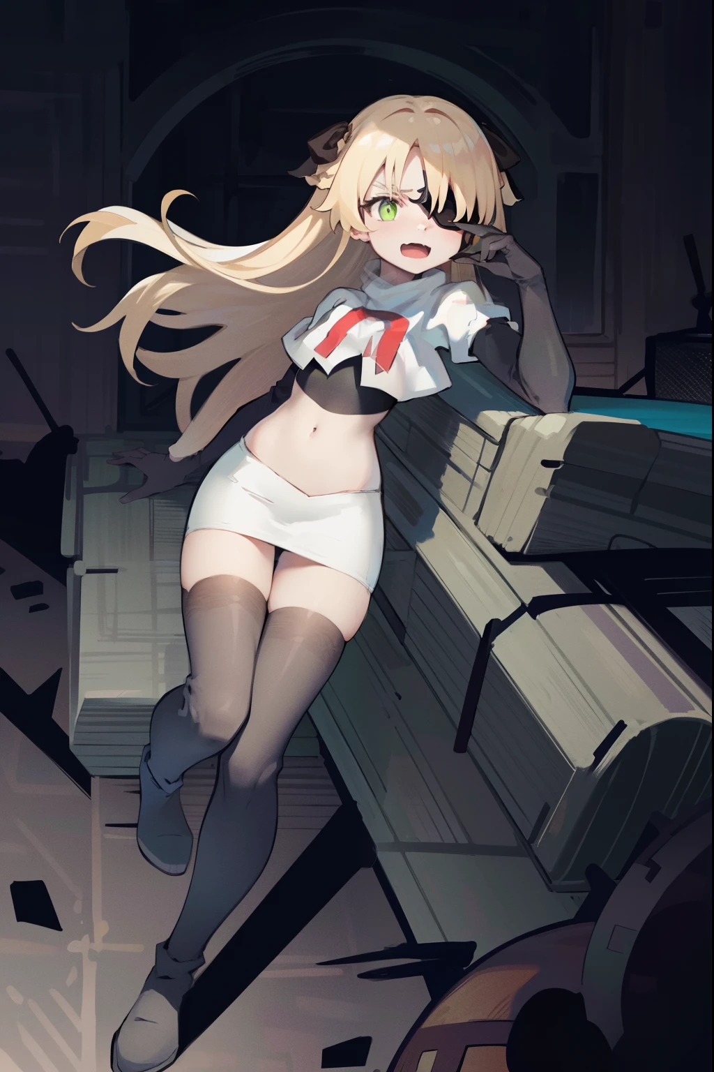 celinefe,team rocket,team rocket uniform, red letter R, white skirt,white crop top,black thigh-highs,black elbow gloves, sinister evil laugh, looking down on viewer