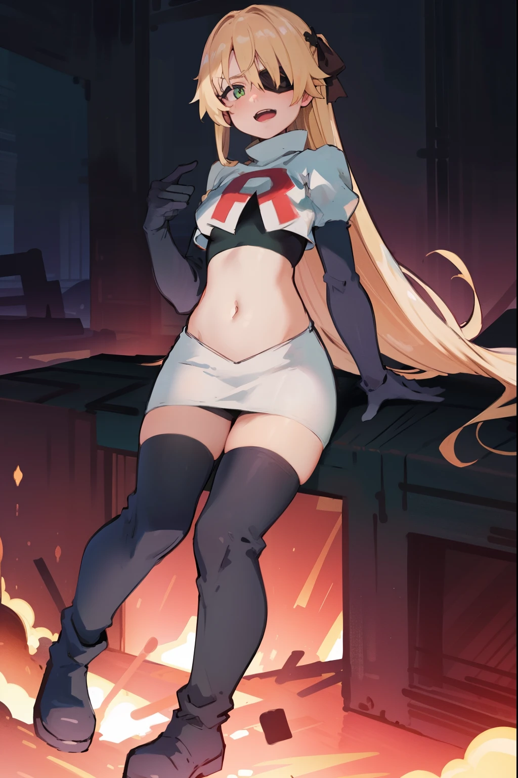 absurdres, fischl (dunkelnacht sakrament) (genshin impact), green eyes, (white pupils:1.2), fischl (genshin impact), medium_breasts, blonde hair, eyepatch, long hair, hair over one eye, bangs, hair ribbon, small breasts, 1girl, team rocket,team rocket uniform,white skirt,red letter R,crop top,black thigh-high boots,black elbow gloves, evil laugh