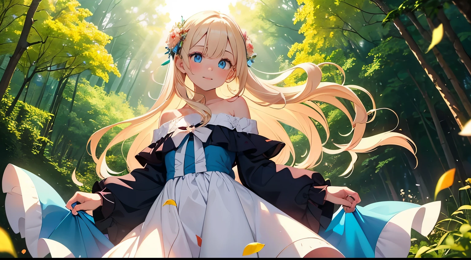 young girl with a bouquet in deep forest, (((loli))), (((blue eyes))), blush, portrait, black hair, (((looking at the camera))), off shoulder, white dress, clearly, ((long silky blonde hair blowing in the wind)), many flower petals dance, from below, (((bloom light effect))), smile