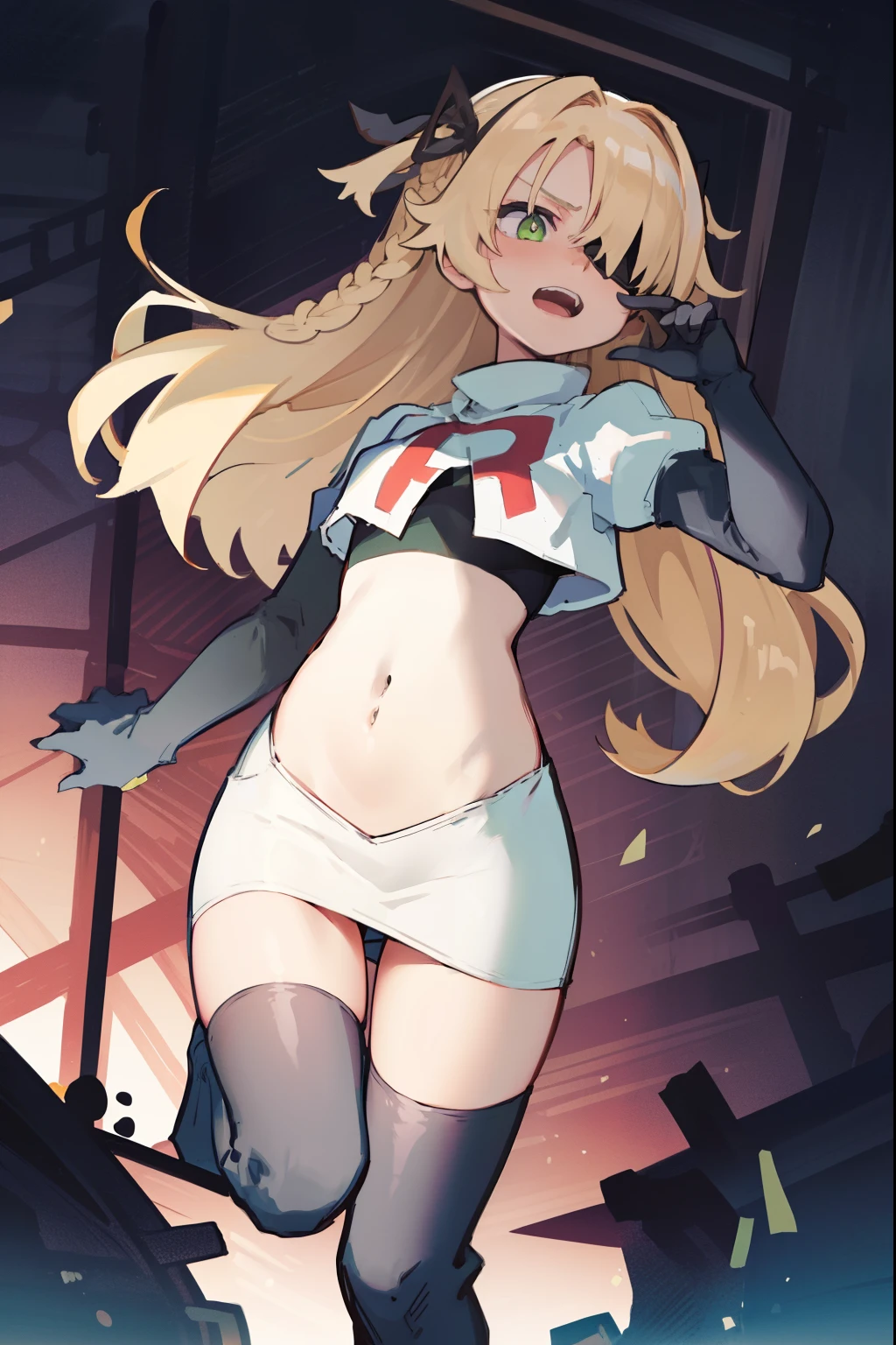 absurdres, fischl (dunkelnacht sakrament) (genshin impact), green eyes, (white pupils:1.2), fischl (genshin impact), medium_breasts, blonde hair, eyepatch, long hair, hair over one eye, bangs, hair ribbon, small breasts, 1girl, team rocket,team rocket uniform,white skirt,red letter R,crop top,black thigh-high boots,black elbow gloves, evil laugh