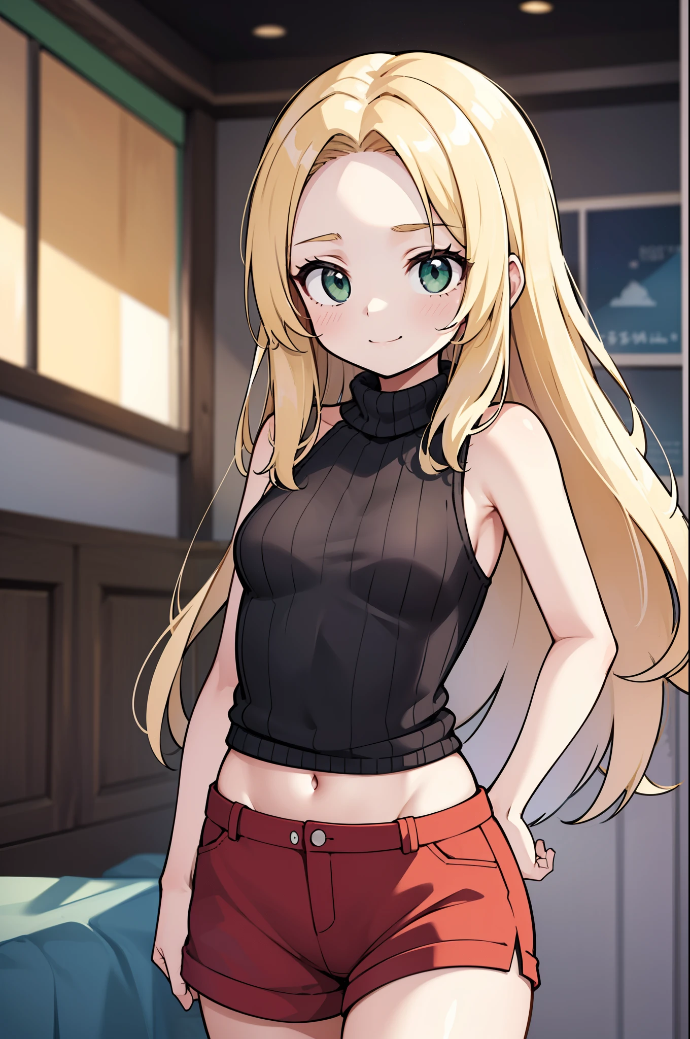 masterpiece, best quality, anime screencap, (subject: 1girl, solo, blonde, beige hair, very long hair, forehead, green eyes, small breasts, petite, nervous smile, cute), (outfit: turtleneck sweater, sleeveless, sleeveless sweater, stomach, exposed navel:1.2), (composition: cowboy shot, upper body), (blurry background, thick outlines)