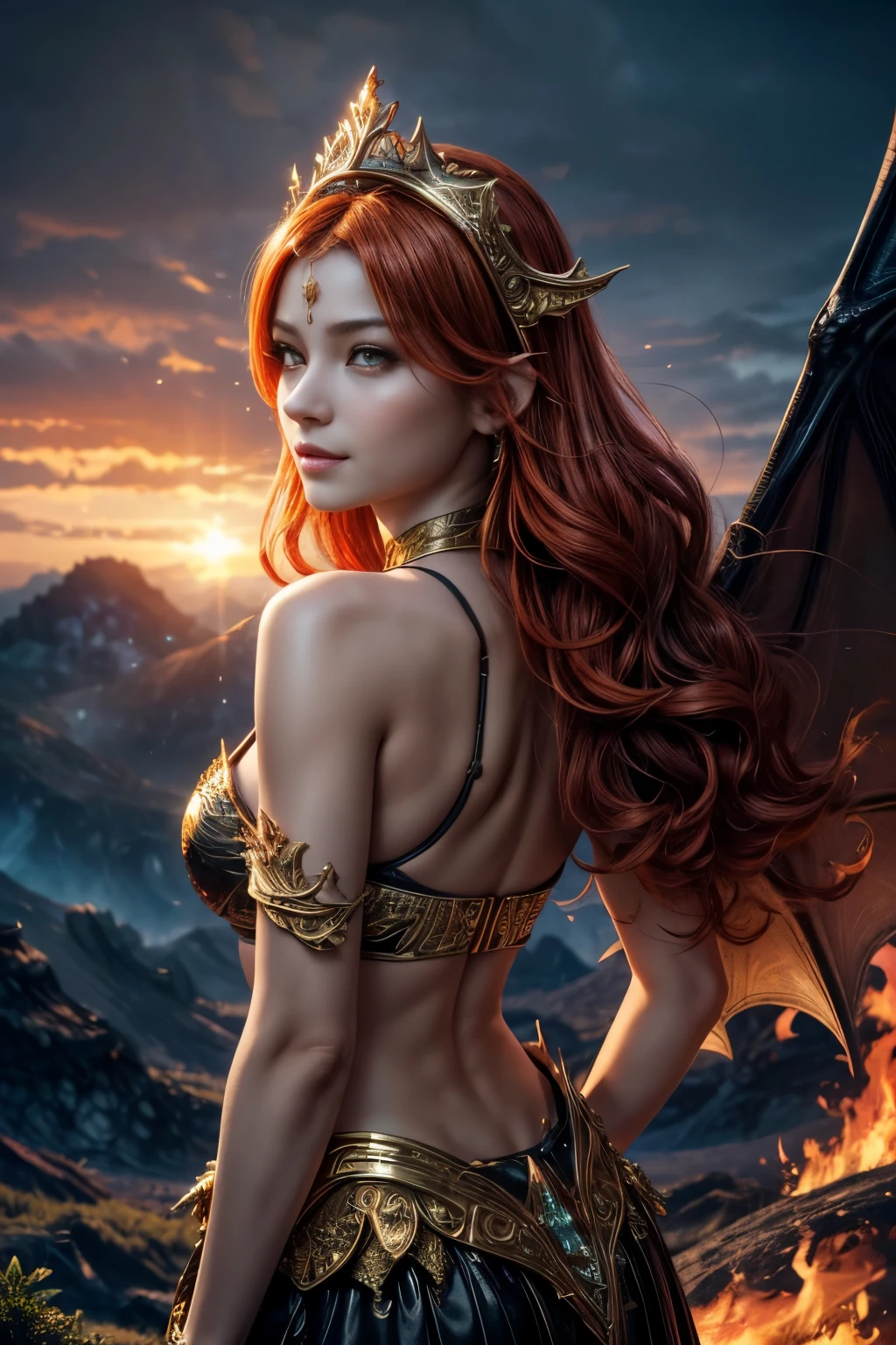 Girl with dragon wings, looks at the viewer, Behind the back are large wings, Large beautiful wings, ((realisti, photo-realistic: 1.3), Smiling, Rejoices, Extremely refined and beautiful, astounding, finely detail, an intricate, (((dragon, Surrounded by flames, Black Mountains, the trees, magma, the wind, Long wavy body, hiquality, higly detailed, Epic))), particle fx, Dynamic Effects, Surround sound, Clouds, Sundown, sharp-focus, volumetric fog, 8K Ultra HD, dslr, hiquality, (film grains: 1.4), Fujifilm XT3,official arts, 统一 8k 壁纸, Super detailed, Beautiful and beautiful, beste-Qualit, (s fractal art: 1.4), intrikate, ultra detialed, (skin dentation), woman's, Detailed body, (Detailed Face: 1.1) Meditative Buddha-figure, Absurd long hair, pale golden eyes, looking at the audience, Subtle patterns, gems, a gold, diamonds, thin feathers,,,,,surround light, holiness, back light, On the contrary, Girl with horn ornament on her head, Girl with orange hair