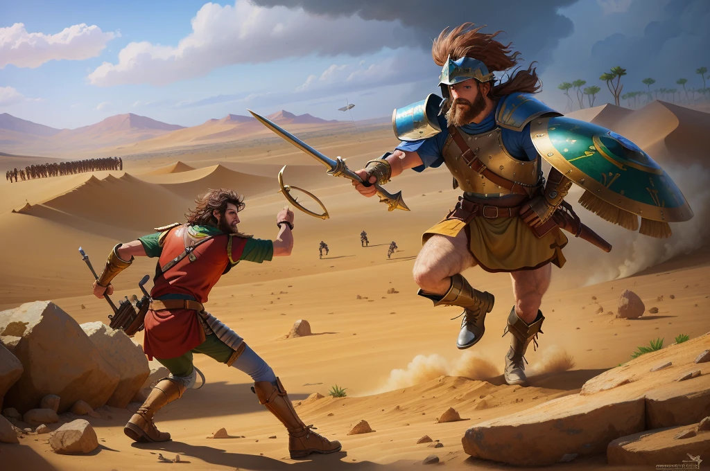 uma pintura de dois homens em armadura lutando em um deserto, Davi e Golias, Pintura de Golias, liderando uma batalha, levando espartanos para a batalha, epic battlescene, award - winning epic painting, epic biblical representation, guerreiro persa, age of empires, detailed game art illustration, epic battle scene, Directed by: Juan O'Gorman, Mito grego pintura digital, bible illustration