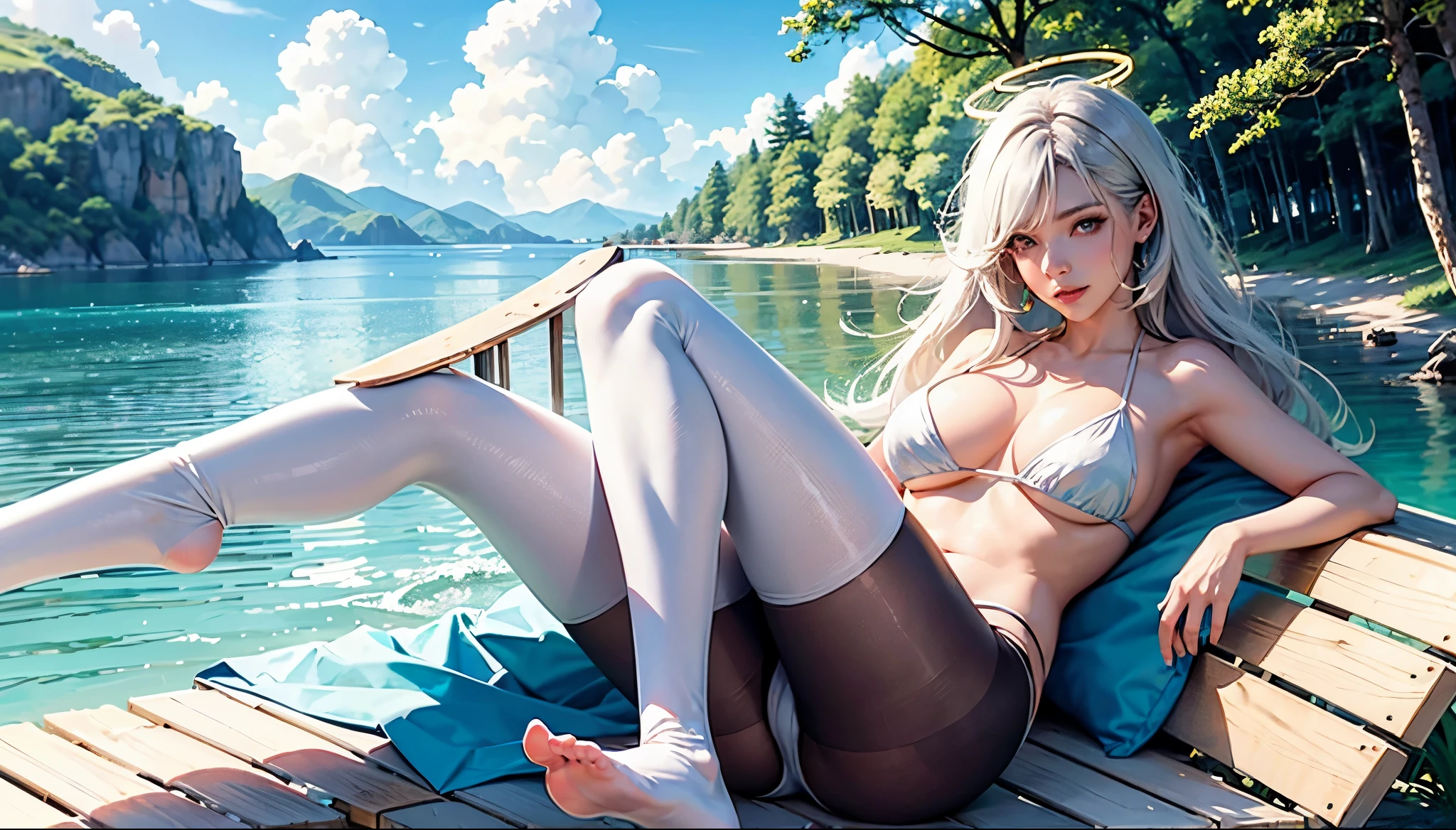 Best quality at best,nabel,比基尼,hand on her own chest,The halo,full bodyesbian,wide blue eyes,Raised sexy,8K,,Beth,By the beach,lacepantyhose,with her mouth open,Open your legs,cute big breasts鼻子,cute big breasts,The mouth is relatively large,The legs are relatively long,Big chest,The eyes are relatively large,long whitr hair,The eyeballs are relatively large,Eyes sparkle,Naked foot,The nose is relatively large,white color hair,No shoes,prette,bikini,at a forest,Long legs,cute big breasts脸,vagina,