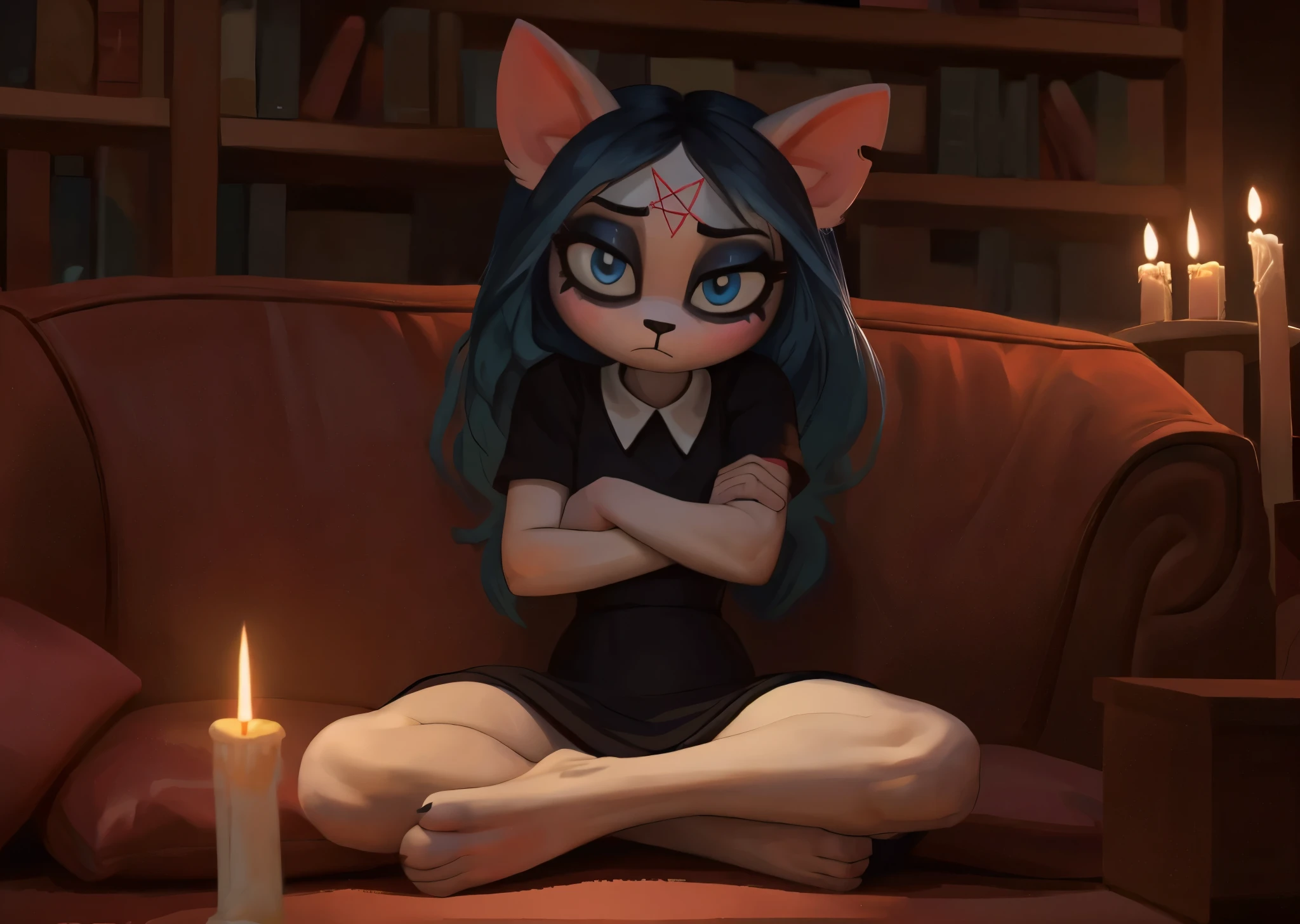 [Claire], [the summoning], [Uploaded to e621.net; (Pixelsketcher), (wamudraws)], ((masterpiece)), ((HD)), ((highres)), ((solo portrait)), ((full body)), ((front view)), ((feet visible)), ((furry; anthro)), ((detailed fur)), ((detailed soft shading)), ((beautiful render art)), {anthro; (slim figure), white fur, black nose, (cat ears), (cut on left ear), long blue hair, (bang over left eye), (pink pentagram on forehead), (cute blue eyes), (short eyelashes), (indigo eyeshadow), (curvy hips), (beautiful legs), (beautiful feet), (blushing), (bored expression)}, {(long sleeve black shirt), (blue lounge shorts)}, {(sitting on couch), (crossed arms), (crossed legs), (looking away from viewer)}, [background; (living room), (mahogany floor), (bookshelf), (candle), (ambient lighting)]