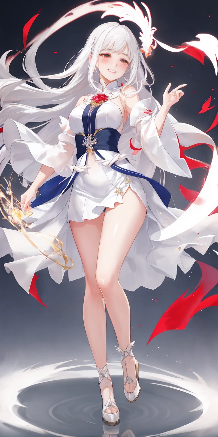 full-body close-up, create an elegant atmosphere), white short skirt, white hair shawl, graceful flowing, elegant movements, lustful smirking smile expression (red blush), floating in the air, (1girl), slim figure)