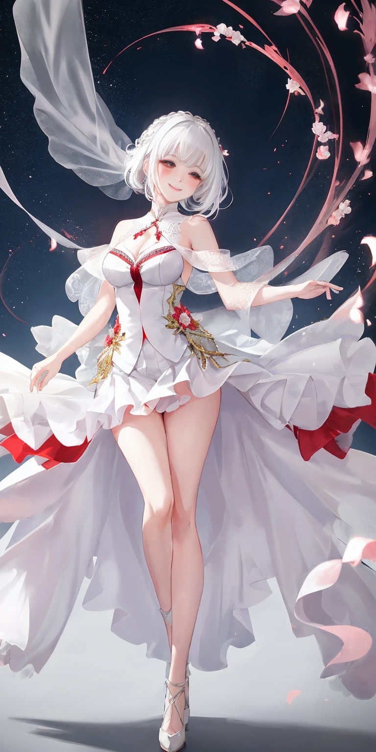 full-body close-up, create an elegant atmosphere), white short skirt, white hair shawl, graceful flowing, elegant movements, lustful smirking smile expression (red blush), floating in the air, (1girl), slim figure)