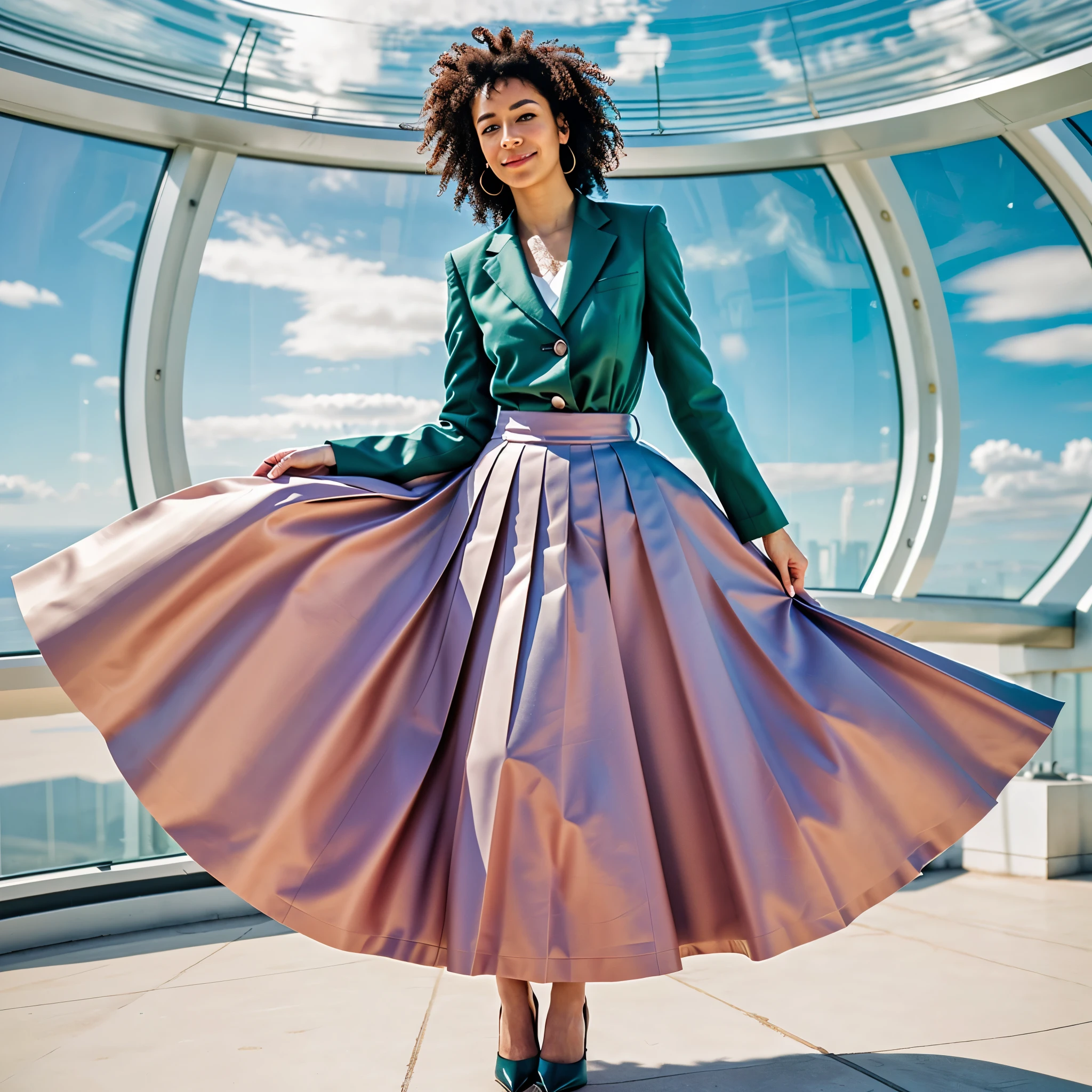 (authentic:1,1) (shy:1,2) smiling:1,1) woman wearing very detailed (long (pleated) full circle skirt) and (low heeled office shoes), very intricate hyper-detailed symmetric (attractive graceful feminine face) with (sad, tired eyes and a shy smile), large breasts, full of empathy and compassion and love, (pronounced (feminine) features), (highly detailed ultra accurate realistic) hands and fingers, (windy conditions and wind blowing), epic composition, highly detailed attributes, highly detailed space station background, (35mm f1.4 Kodak portra 400 photograph), extremely high quality RAW photograph,