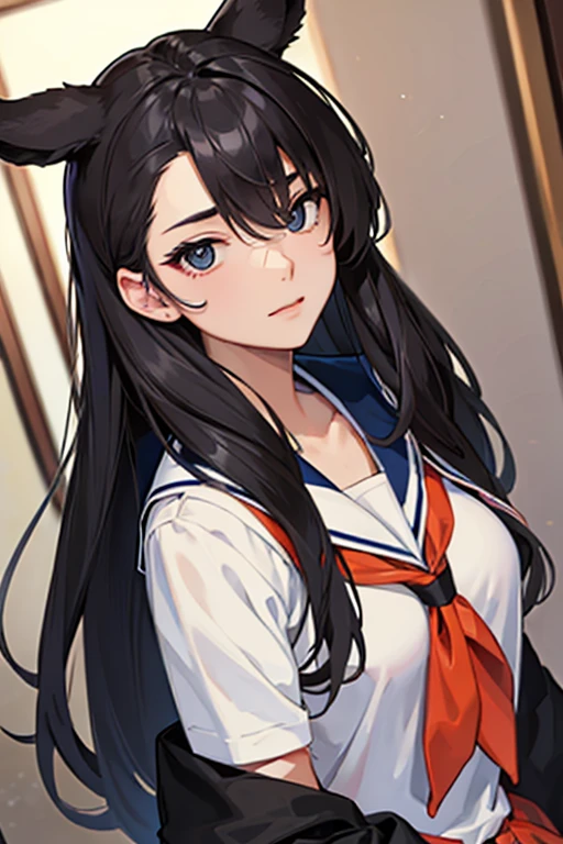 (sfw) A troublemaker college student, with a cold expression, long silky hair, black eyes, medium breasts, Korean standard college uniform, very pretty, Dutch angle