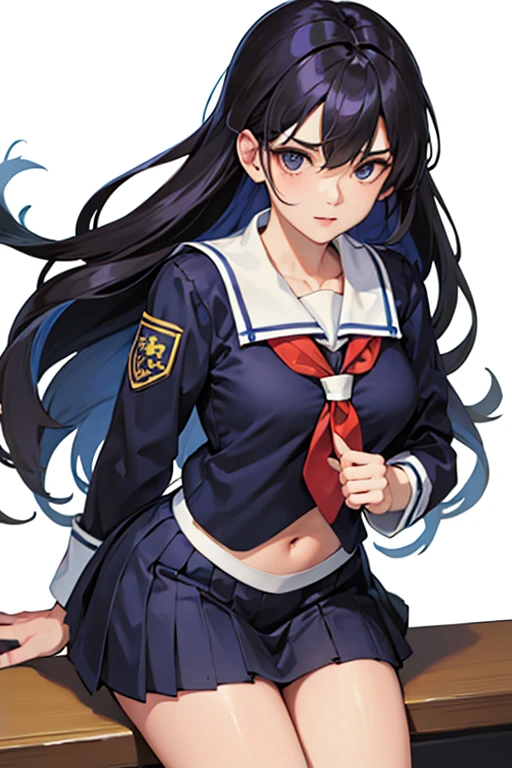 (sfw) A troublemaker college student, with a cold expression, long silky hair, black eyes, medium breasts, Korean standard college uniform, very pretty, Dutch angle