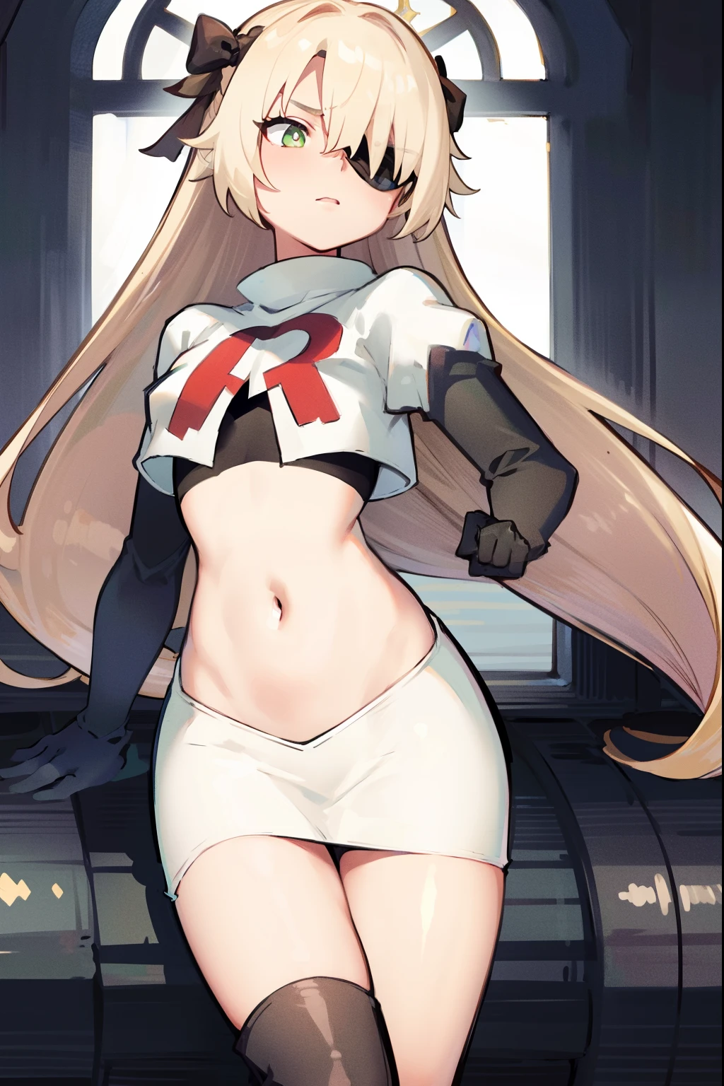absurdres, fischl (dunkelnacht sakrament) (genshin impact), green eyes, (white pupils:1.2), fischl (genshin impact), medium_breasts, blonde hair, eyepatch, long hair, hair over one eye, bangs, hair ribbon, small breasts, 1girl, team rocket,team rocket uniform,white skirt,red letter R,crop top,black thigh-high boots,black elbow gloves, shy