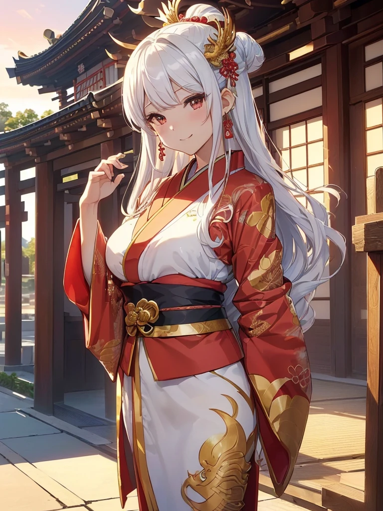 top-quality、Top image quality、Dagashi Teru Piece、Super beautiful Japanese beauty((24 year old、Japan kimono、Best Bust、big bast、Bust 90,beautiful long ironed hair、silber hair、White hair、Kanzashi、A slender、a closeup、Esbian、Beautiful Japan hair、Kanzashi、hiquality、Beautiful Art、morning、Superb Piece、visualart、depth of fields、low angles、devil of light、Happy smile、Gentle light、、Beautiful legs that are gentle on the skin、、、Number of fingers to achieve precise finger movements、ticker beautiful decoration、elegent、Mystical Japanese temple beautiful decoration,Japan Kimono 1.3,、japanese art on behance、shenronの模様、shenronの装飾、Dragon Decoration、、ink and watercolor painting、screen、gold foil、神shenron、New Year、Happy New Year⛩、sunrises、morningの瞬間、cute shenron、shenron、gold foil、screenの前、Kyoto Imperial Palace、formal clothes、handheld mini dragon　朝のsunrises、Visiting the shrine、is standing、Mare、Mt fuji