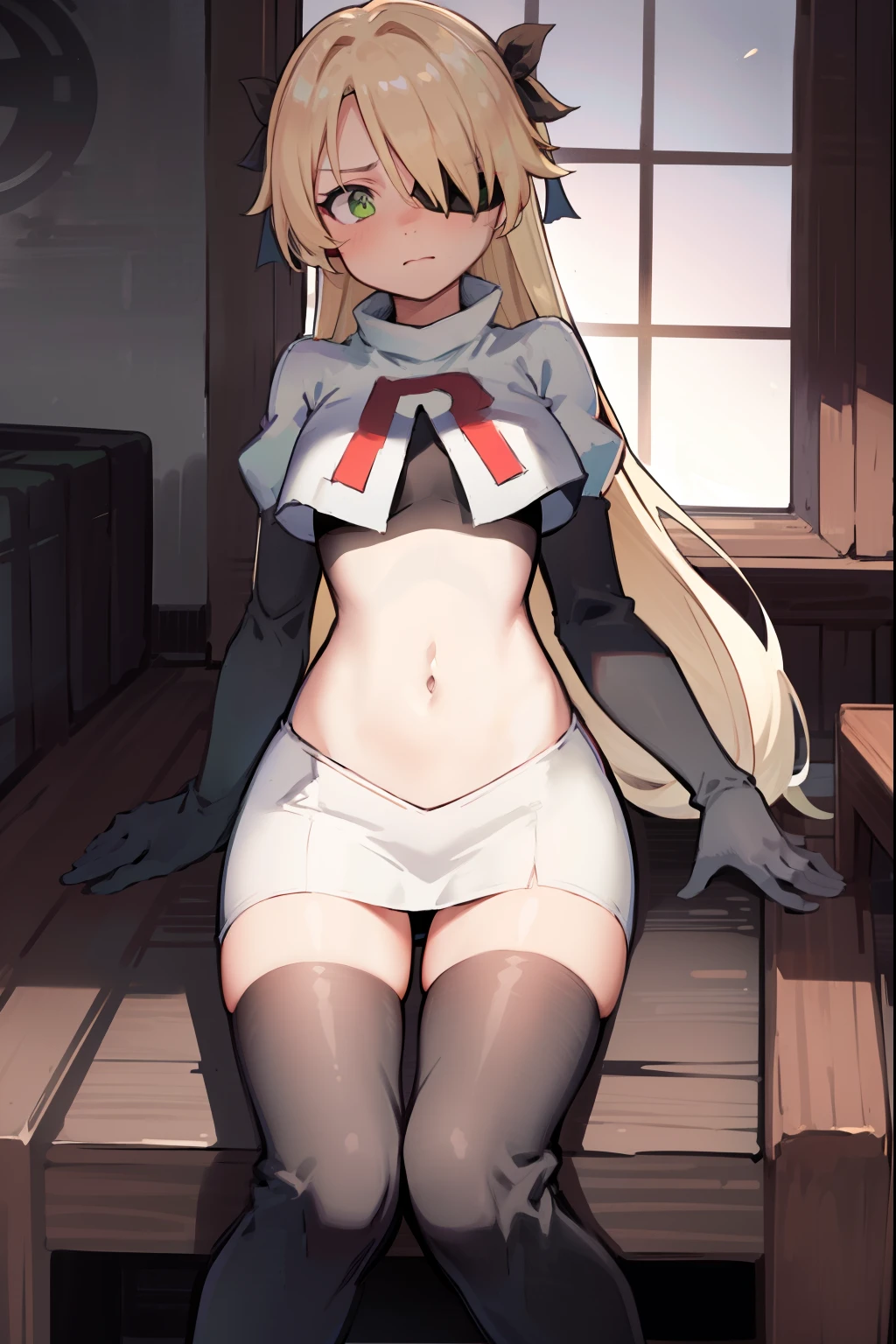 absurdres, fischl (dunkelnacht sakrament) (genshin impact), green eyes, (white pupils:1.2), fischl (genshin impact), medium_breasts, blonde hair, eyepatch, long hair, hair over one eye, bangs, hair ribbon, small breasts, 1girl, team rocket,team rocket uniform,white skirt,red letter R,crop top,black thigh-high boots,black elbow gloves, shy