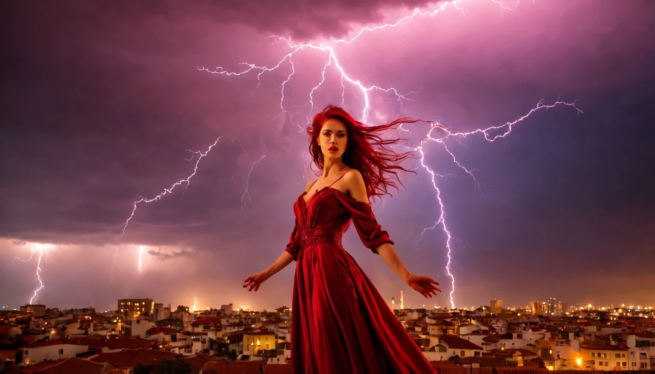 1 girl "Molly Ringwald com vestido Verde longo", flutuando na cidade with lightning bolts, Mulher no vestido Verde longo com cabelo vermelho e preto, gothic maiden, Art not Guweiz style, No estilo de arte Bowater, 8k arte detalhada de alta qualidade, gothic art style, wearing a gothic dress, fechamento, Olhos vermelhos, olhando para baixo, cabelos brancos, vento, head tilt, cabelos brancos, Cabelos Longos, Tira vigorosa, cabelos lisos, cabelo grande, cabelos expressivos, (Olhos vermelhos que brilham intensamente:1.8), olhos para baixo, (Olhos vermelhos:1.5), Pessoas fugindo das ruas movimentadas da cidade repleta de lojas々, rua movimentada, A huge amount of purple lightning shot out from the girl&#39;the hand and hit the city, lightning clouds, Atmospheric lightning, Pink Lightning, with thunderstorms, Tempestade escura with lightning bolts, Dramatic purple lightning, Lightning in the sky, contrast lightning, thunderstorm in the sky, lightning in the background, with lightning bolts, clima tempestuoso with lightning bolts, Top volumetric lighting,Efeito de usar aura roxa,(Control a large number of beams with open arms:1.4), Lightning effect on both hands, Countless balls glowing purple around the girl,goddess of lightning, tempestade, storm outside, Ela atrai muitos raios roxos,