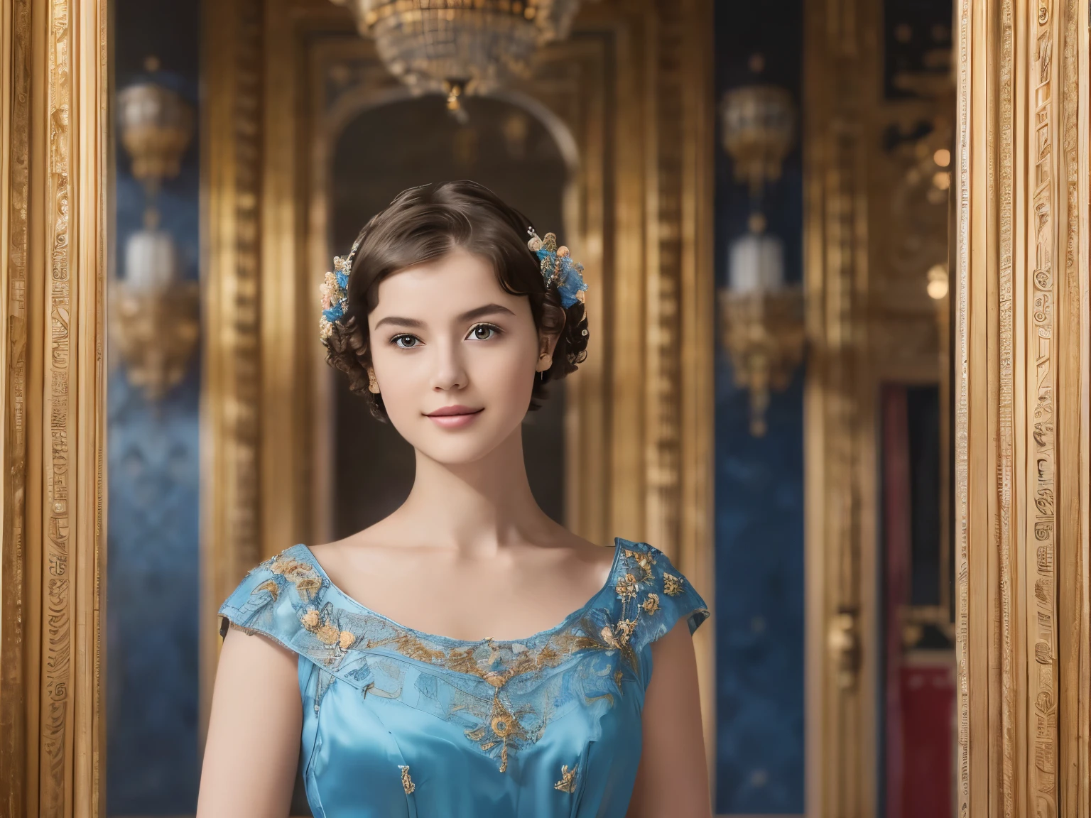142
(a 20 yo woman,in the palace), (A hyper-realistic), (high-level image quality), ((beautiful hairstyle 46)), ((short-hair:1.46)), (kindly smile), (breasted:1.1), (lipsticks), (wearing a blue dress), (murky,wide,Luxurious room), (florals), (an oil painting、Rembrandt)