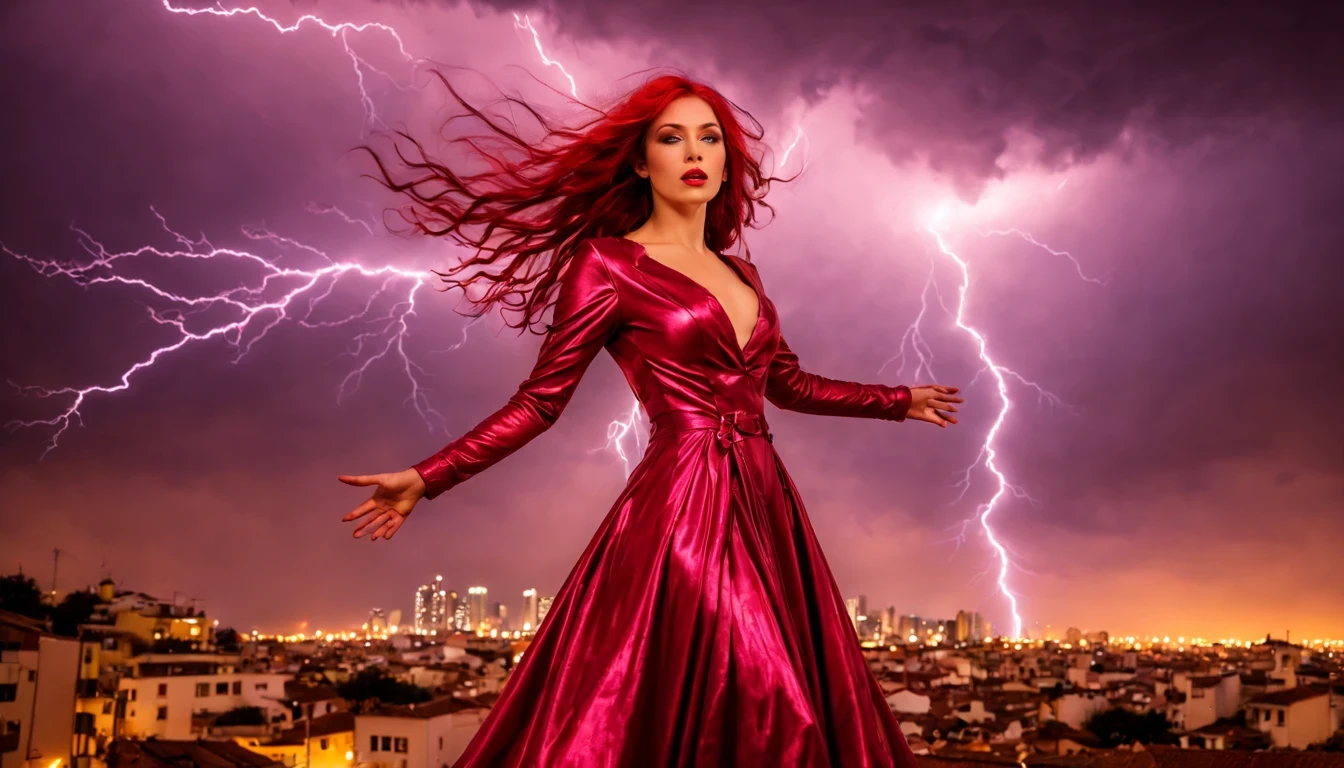 1 girl "Molly Ringwald com vestido Verde longo", flutuando na cidade with lightning bolts, Mulher no vestido Verde longo com cabelo vermelho e preto, gothic maiden, Art not Guweiz style, No estilo de arte Bowater, 8k arte detalhada de alta qualidade, gothic art style, wearing a gothic dress, fechamento, Olhos vermelhos, olhando para baixo, cabelos brancos, vento, head tilt, cabelos brancos, Cabelos Longos, Tira vigorosa, cabelos lisos, cabelo grande, cabelos expressivos, (Olhos vermelhos que brilham intensamente:1.8), olhos para baixo, (Olhos vermelhos:1.5), Pessoas fugindo das ruas movimentadas da cidade repleta de lojas々, rua movimentada, A huge amount of purple lightning shot out from the girl'the hand and hit the city, lightning clouds, Atmospheric lightning, Pink Lightning, with thunderstorms, Tempestade escura with lightning bolts, Dramatic purple lightning, Lightning in the sky, contrast lightning, thunderstorm in the sky, lightning in the background, with lightning bolts, clima tempestuoso with lightning bolts, Top volumetric lighting,Efeito de usar aura roxa,(Control a large number of beams with open arms:1.4), Lightning effect on both hands, Countless balls glowing purple around the girl,goddess of lightning, tempestade, storm outside, Ela atrai muitos raios roxos,