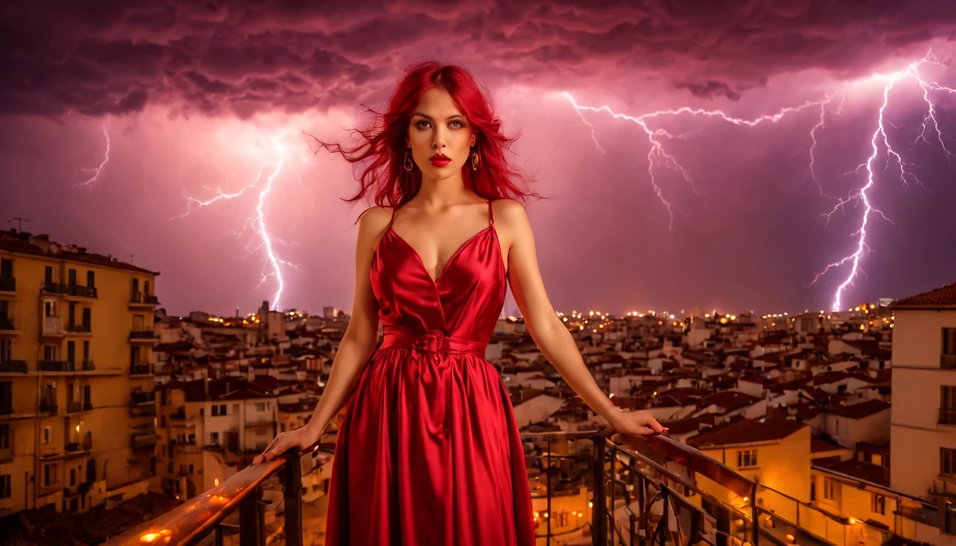 1 girl "Molly Ringwald com vestido Verde longo", flutuando na cidade with lightning bolts, Mulher no vestido Verde longo com cabelo vermelho e preto, gothic maiden, Art not Guweiz style, No estilo de arte Bowater, 8k arte detalhada de alta qualidade, gothic art style, wearing a gothic dress, fechamento, Olhos vermelhos, olhando para baixo, cabelos brancos, vento, head tilt, cabelos brancos, Cabelos Longos, Tira vigorosa, cabelos lisos, cabelo grande, cabelos expressivos, (Olhos vermelhos que brilham intensamente:1.8), olhos para baixo, (Olhos vermelhos:1.5), Pessoas fugindo das ruas movimentadas da cidade repleta de lojas々, rua movimentada, A huge amount of purple lightning shot out from the girl'the hand and hit the city, lightning clouds, Atmospheric lightning, Pink Lightning, with thunderstorms, Tempestade escura with lightning bolts, Dramatic purple lightning, Lightning in the sky, contrast lightning, thunderstorm in the sky, lightning in the background, with lightning bolts, clima tempestuoso with lightning bolts, Top volumetric lighting,Efeito de usar aura roxa,(Control a large number of beams with open arms:1.4), Lightning effect on both hands, Countless balls glowing purple around the girl,goddess of lightning, tempestade, storm outside, Ela atrai muitos raios roxos,