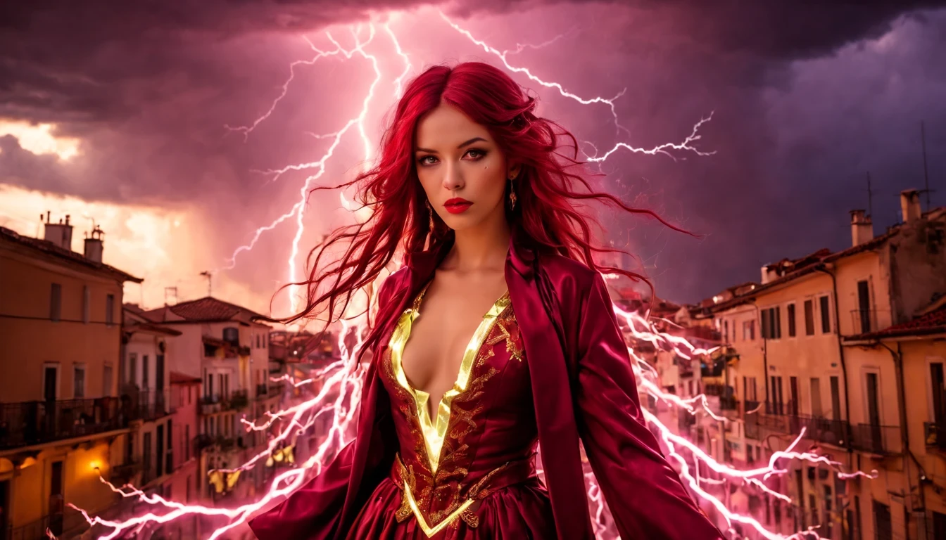 1 girl "Molly Ringwald com vestido Verde longo", flutuando na cidade with lightning bolts, Mulher no vestido Verde longo com cabelo vermelho e preto, gothic maiden, Art not Guweiz style, No estilo de arte Bowater, 8k arte detalhada de alta qualidade, gothic art style, wearing a gothic dress, fechamento, Olhos vermelhos, olhando para baixo, cabelos brancos, vento, head tilt, cabelos brancos, Cabelos Longos, Tira vigorosa, cabelos lisos, cabelo grande, cabelos expressivos, (Olhos vermelhos que brilham intensamente:1.8), olhos para baixo, (Olhos vermelhos:1.5), Pessoas fugindo das ruas movimentadas da cidade repleta de lojas々, rua movimentada, A huge amount of purple lightning shot out from the girl'the hand and hit the city, lightning clouds, Atmospheric lightning, Pink Lightning, with thunderstorms, Tempestade escura with lightning bolts, Dramatic purple lightning, Lightning in the sky, contrast lightning, thunderstorm in the sky, lightning in the background, with lightning bolts, clima tempestuoso with lightning bolts, Top volumetric lighting,Efeito de usar aura roxa,(Control a large number of beams with open arms:1.4), Lightning effect on both hands, Countless balls glowing purple around the girl,goddess of lightning, tempestade, storm outside, Ela atrai muitos raios roxos,