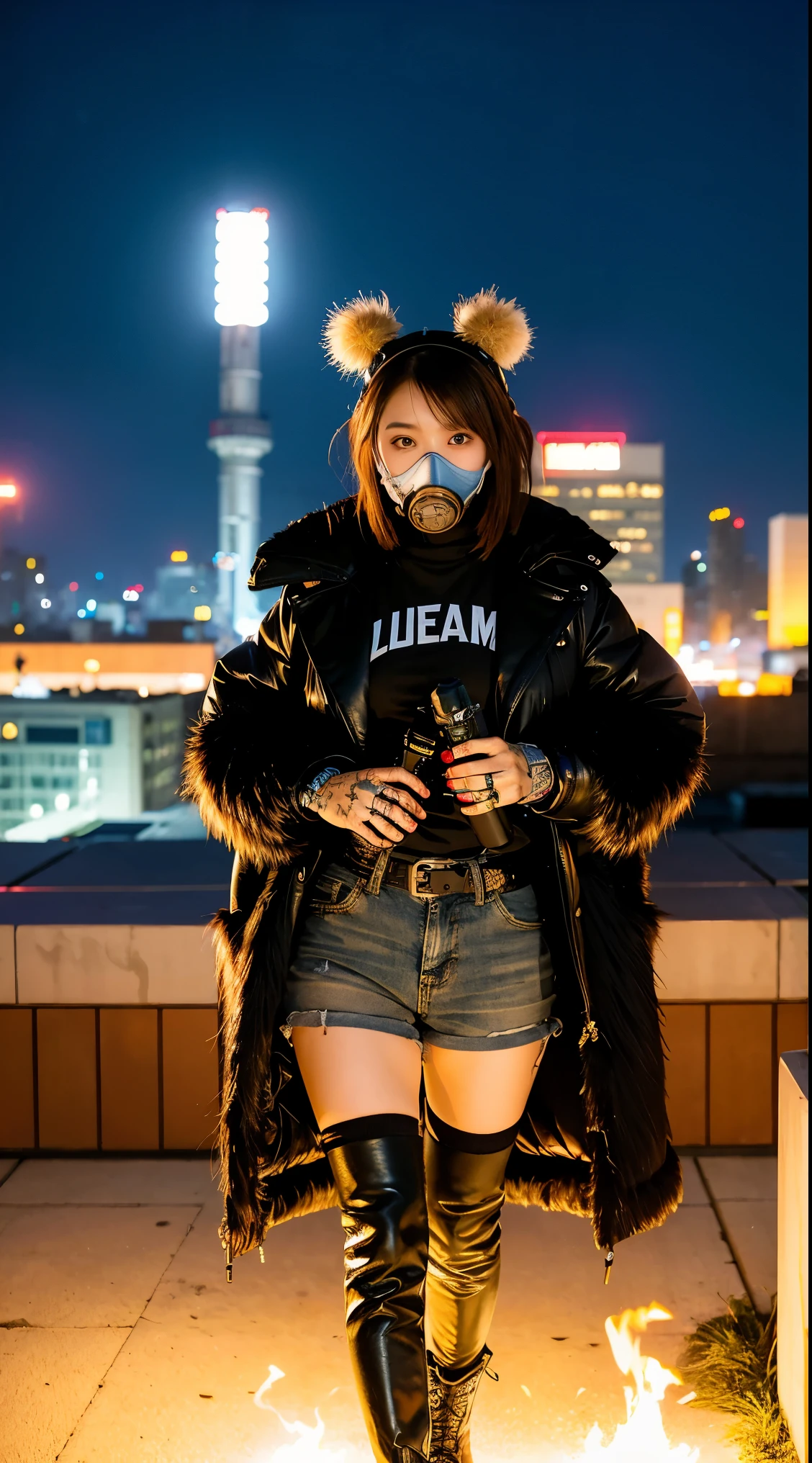 gals、Large gas mask、fur-coat、dictator、Big dragon tattoo、Tattoos all over the body、Glowing headgear、On the rooftop、Huge background is a neon sign、Leather gloves、long boots、Holding a Japan sword、Baseball armor、insurrection、Nuclear power plant in the background、Terrorist groupluorescence Headgear、short-haired、bleu hair、Ignite fire from a flamethrower、middle school girl、14years、gas masks、high socks、Rooftop at night、City on fire in the background