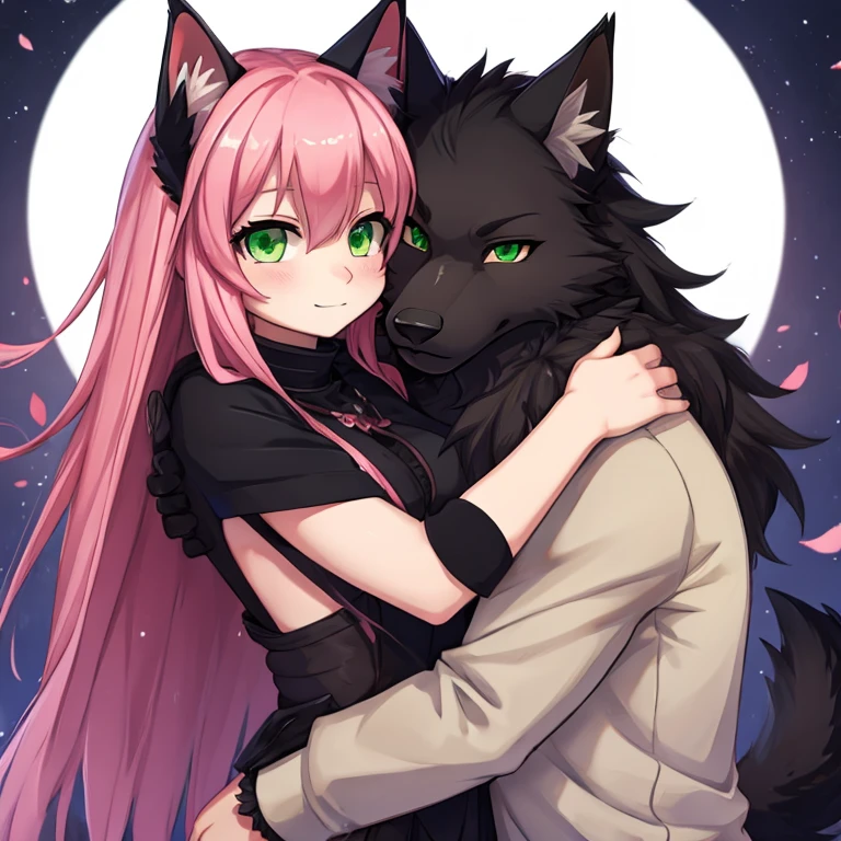 Cat Girl with long Pink hair and Green eyes hugging Black wolf